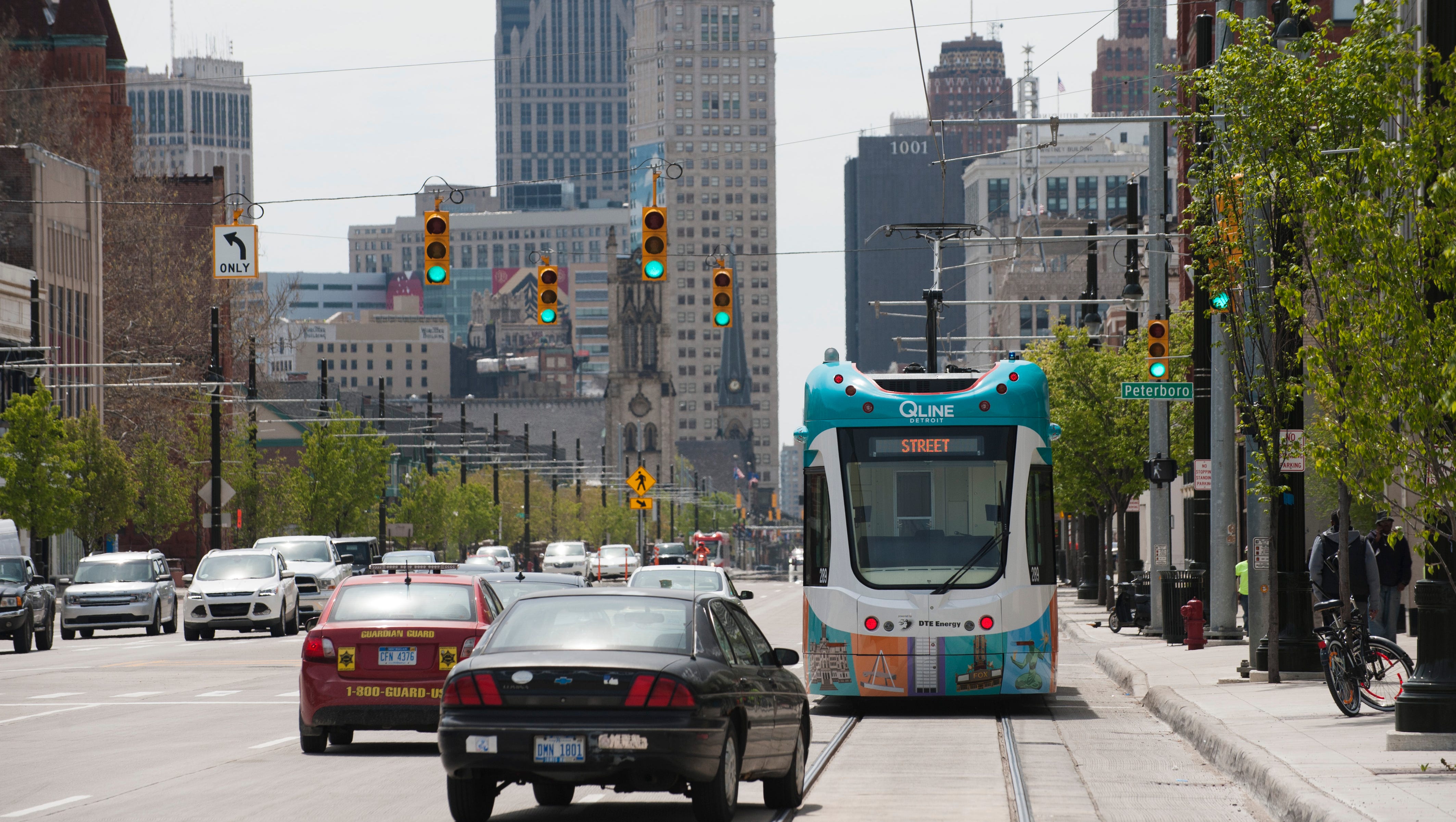 A QLine streetcar travels southbound along Woodward as testing continues Wednesday ahead of the QLine's official launch on Friday in Detroit.