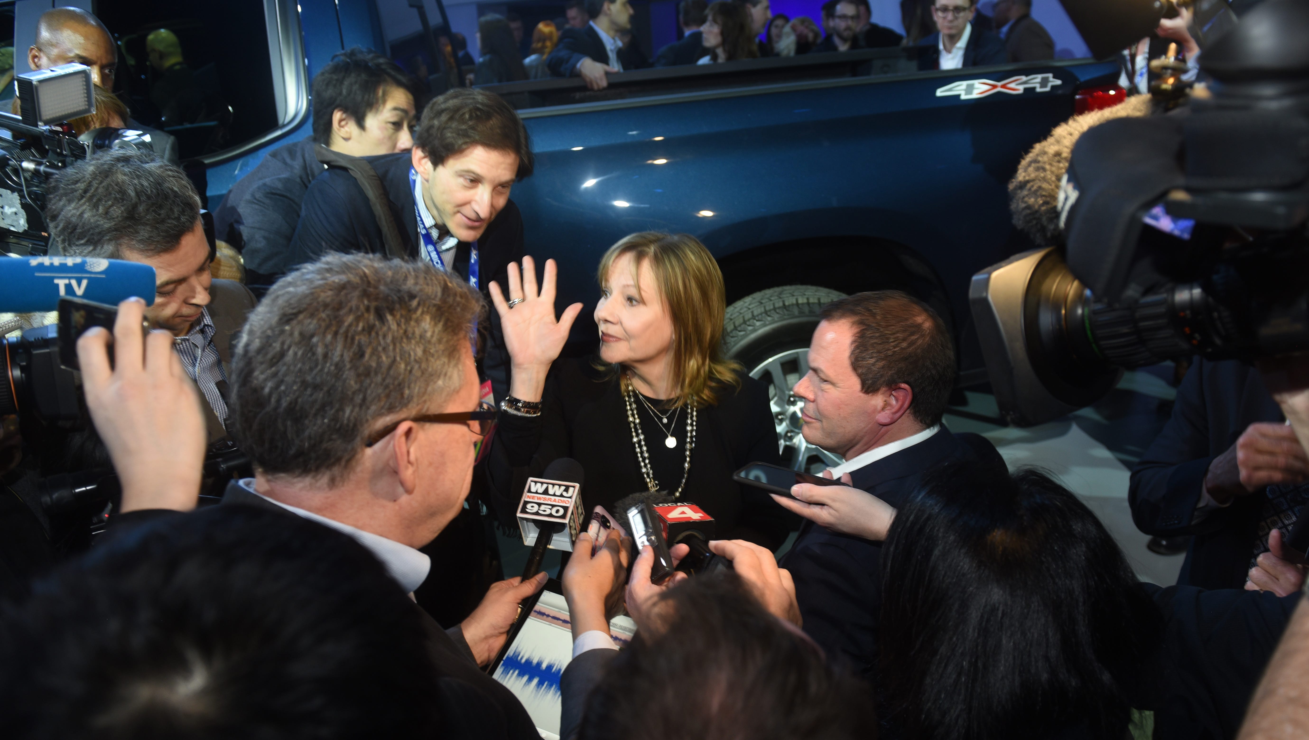 General Motors CEO Mary Barra speaks to the media at the Silverado event.