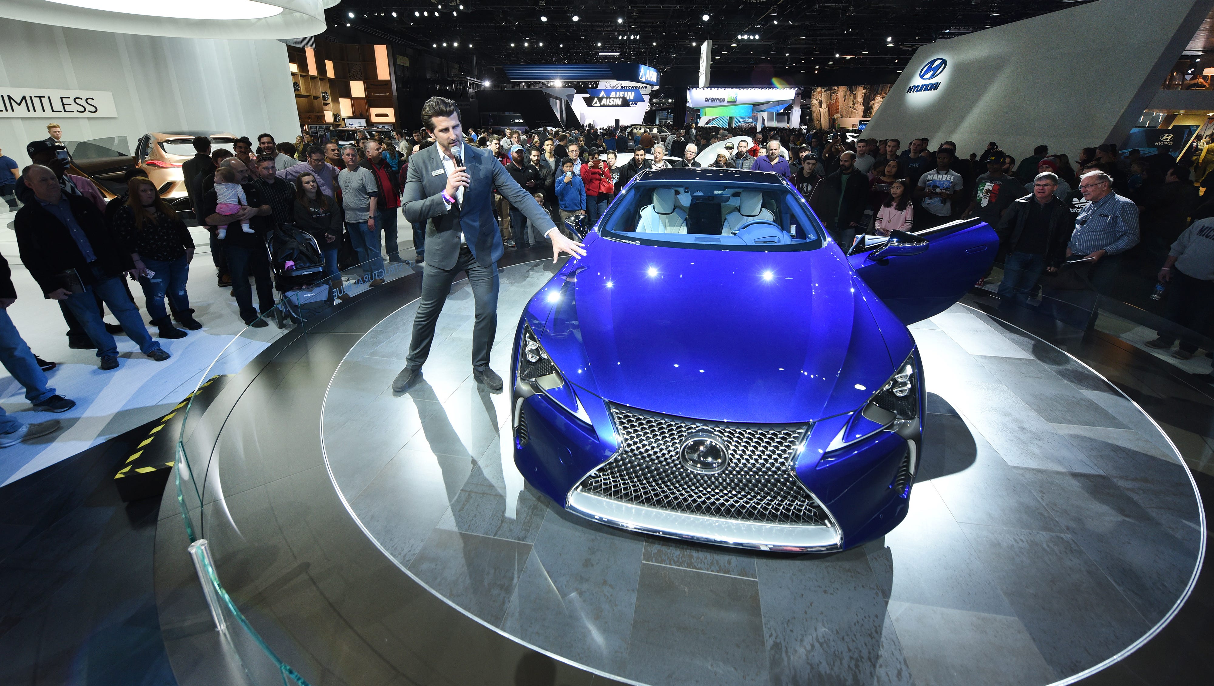 Brandon Layne, Lexus, speaks about the 2018 Lexus LC 500 V8 Coupe on Saturday January 20, 2018 for the first public day for the North American International Auto Show