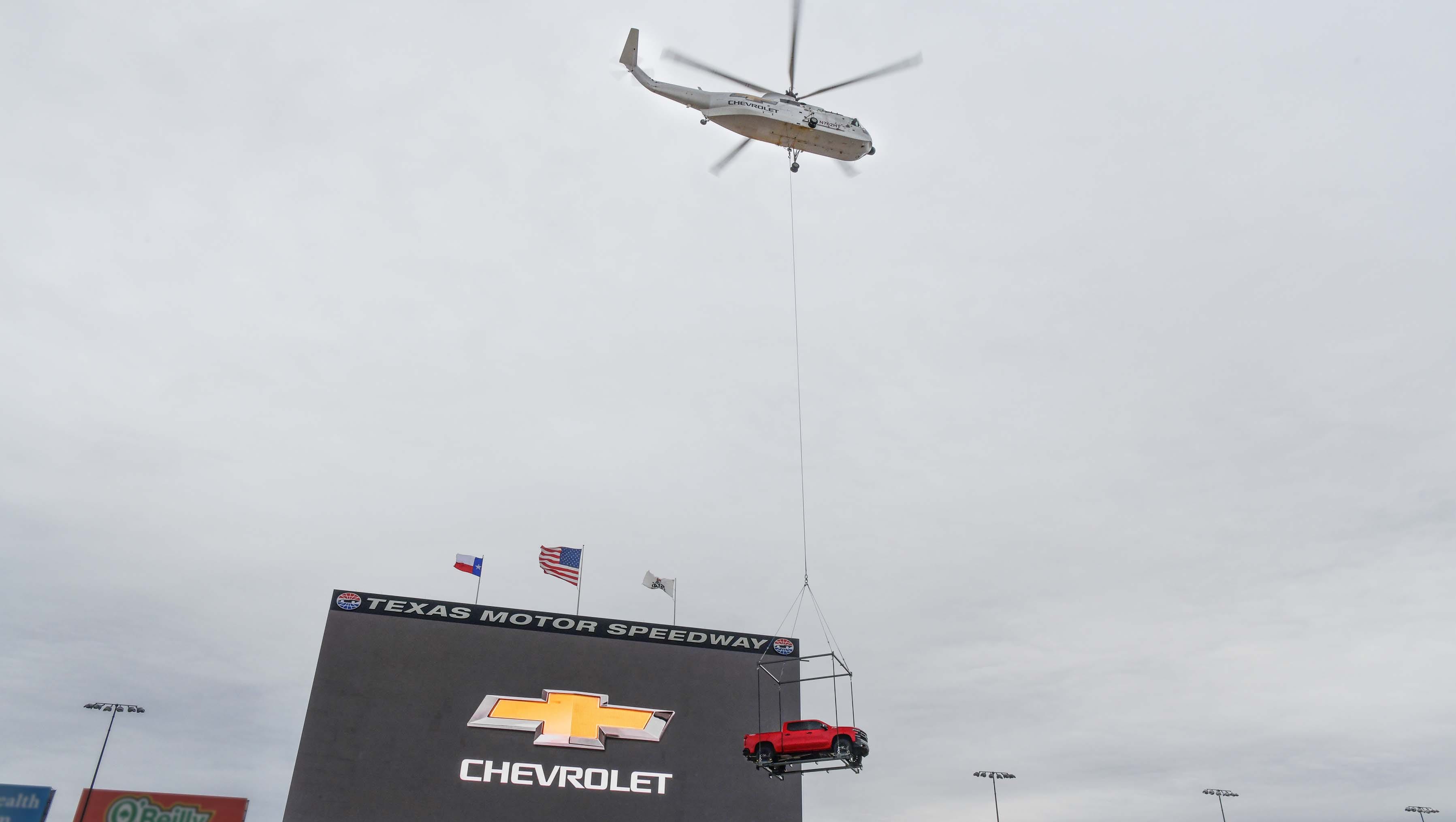 The new, 2019 Chevy Silverado was carried into Texas Motor Speedway by helicoptor.
