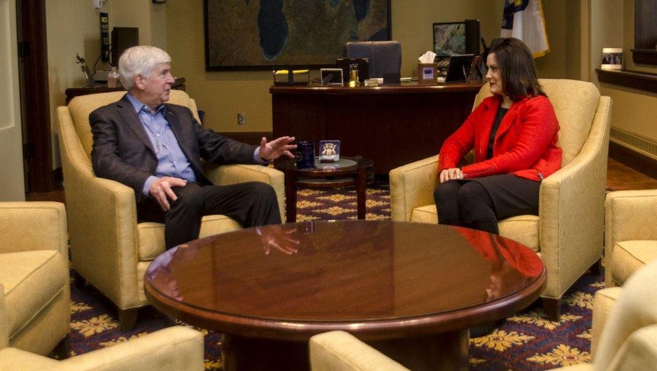 For eight years, Michigan's business community had an ally in Gov. Rick Snyder, left. Just days after the election that helped Republicans retain control of the Legislature, business is eager to know whether it will have an ally in Gov.-elect Gretchen Whitmer, a Democrat.