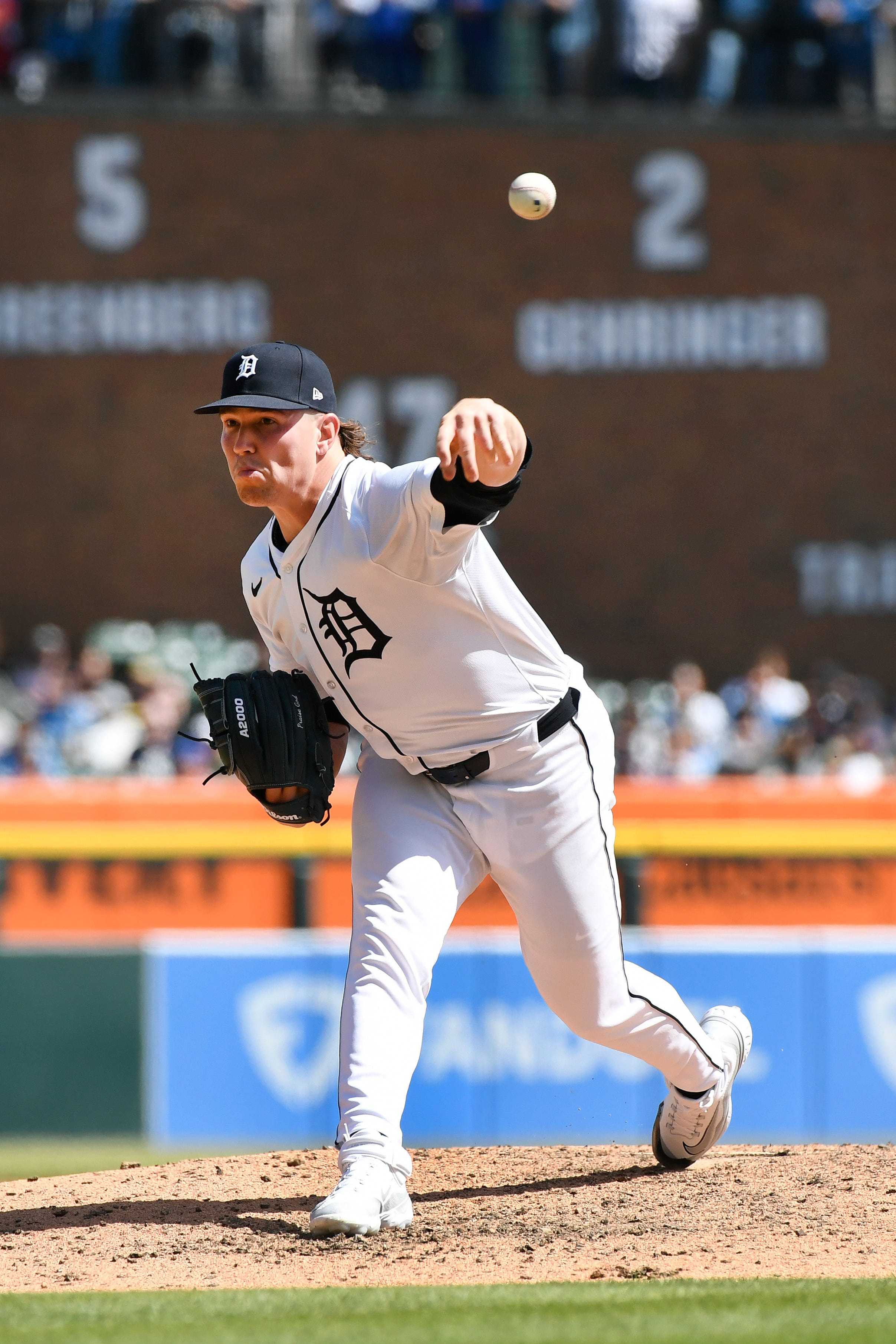 Tigers relief pitcher Tyler Holton throws against the Royals in the ninth inning.