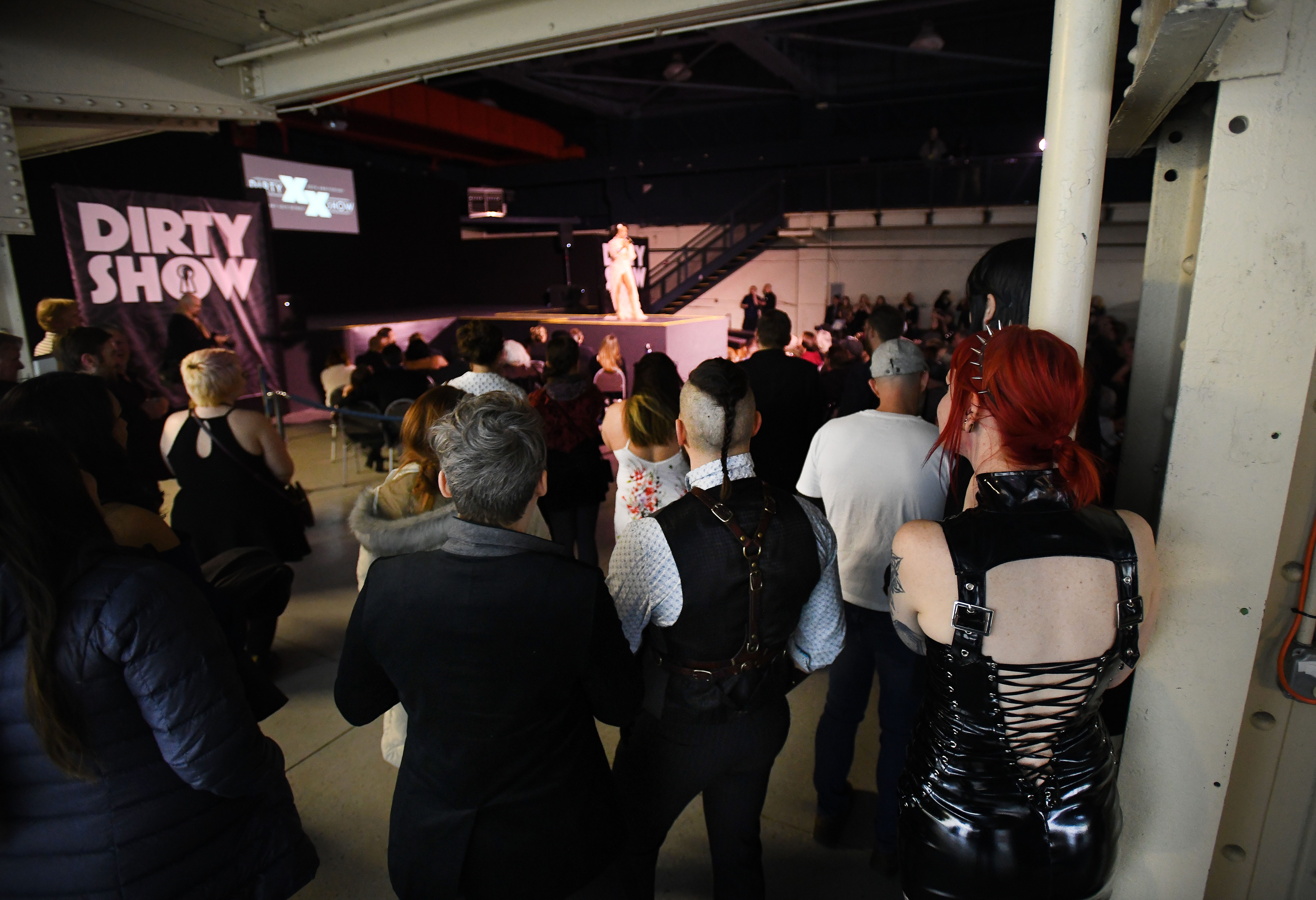 A crowd gathers for The 20th anniversary of the 'The Dirty Show', an erotic art and stage show at the Russell Industrial Complex in Detroit, Michigan on February 8, 2019.
