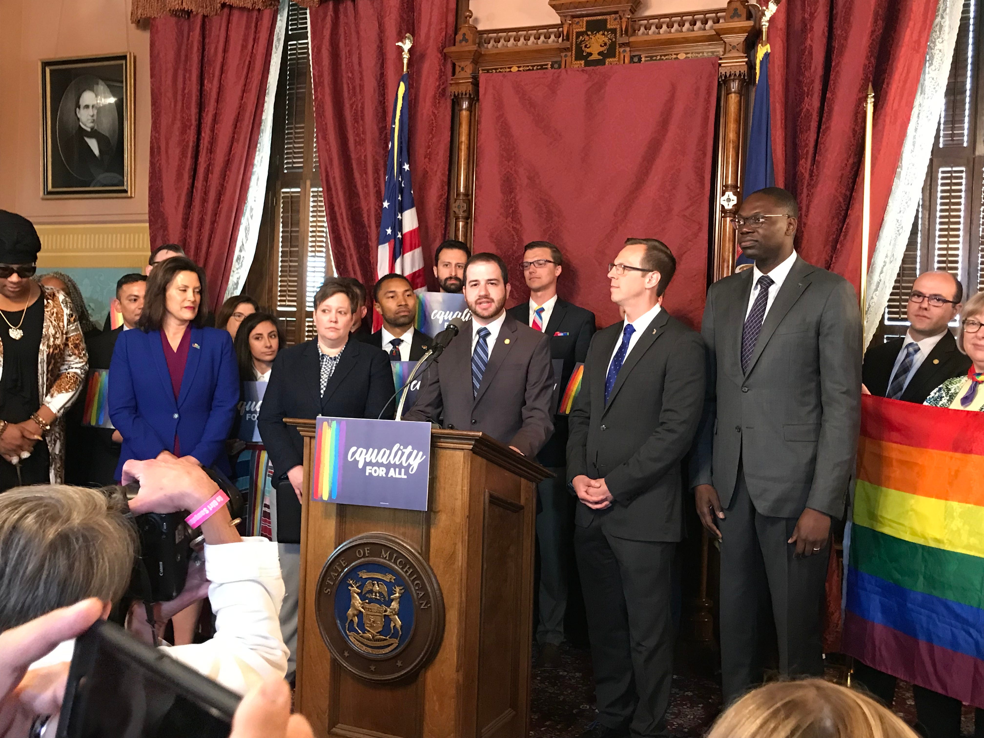 Sen. Jeremy Moss, D-Southfield, speaks during a press conference on Tuesday, June 4, 2019 at the state Capitol about proposed legislation that would expand the Elliott-Larsen Civil Rights Act.