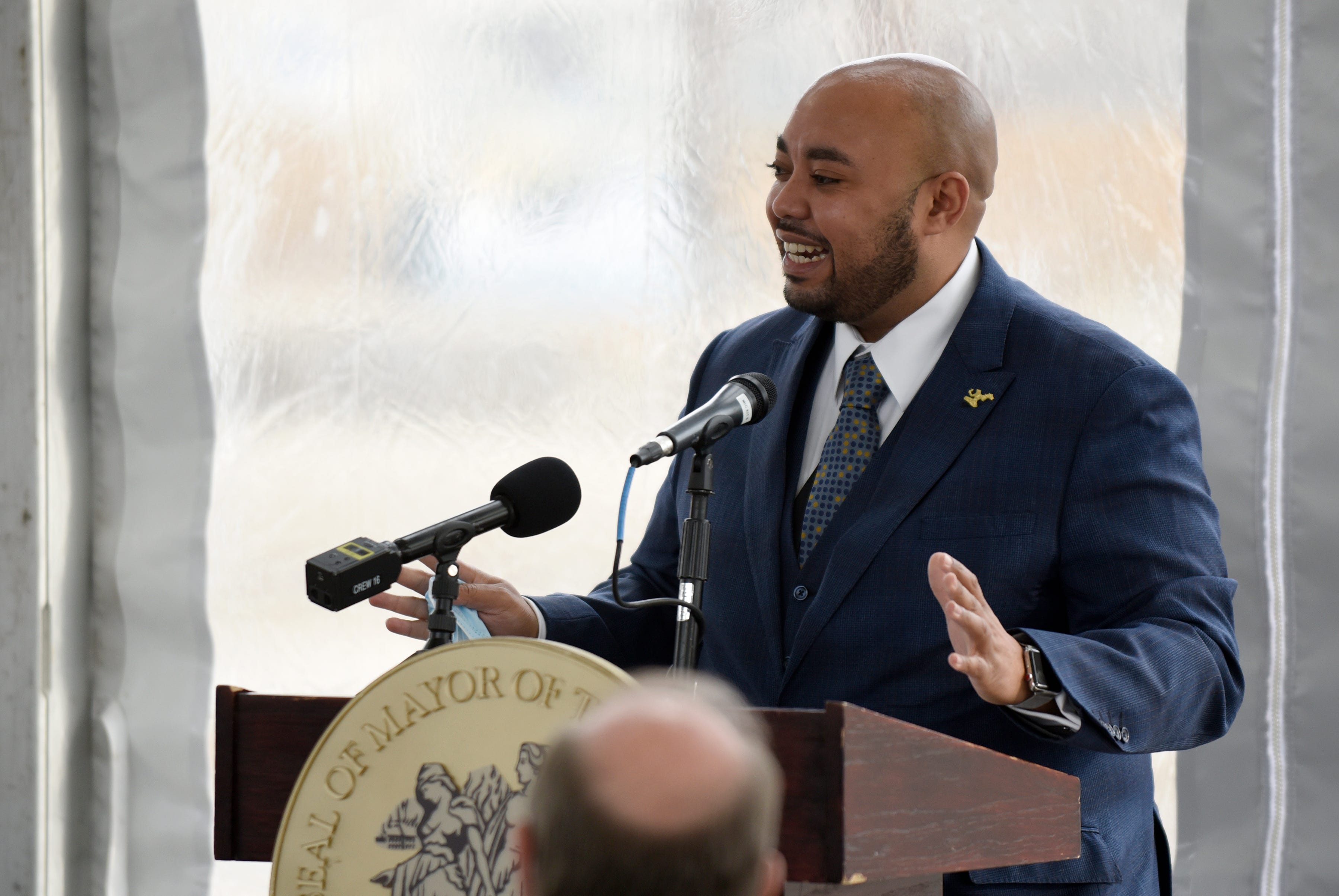 Fred Durhall III, District 7 City Councilman, speaks during a press conference at  the former headquarters of the American Motor Corporation, 14250 Plymouth Road, Detroit, Thursday, Dec. 9, 2021.