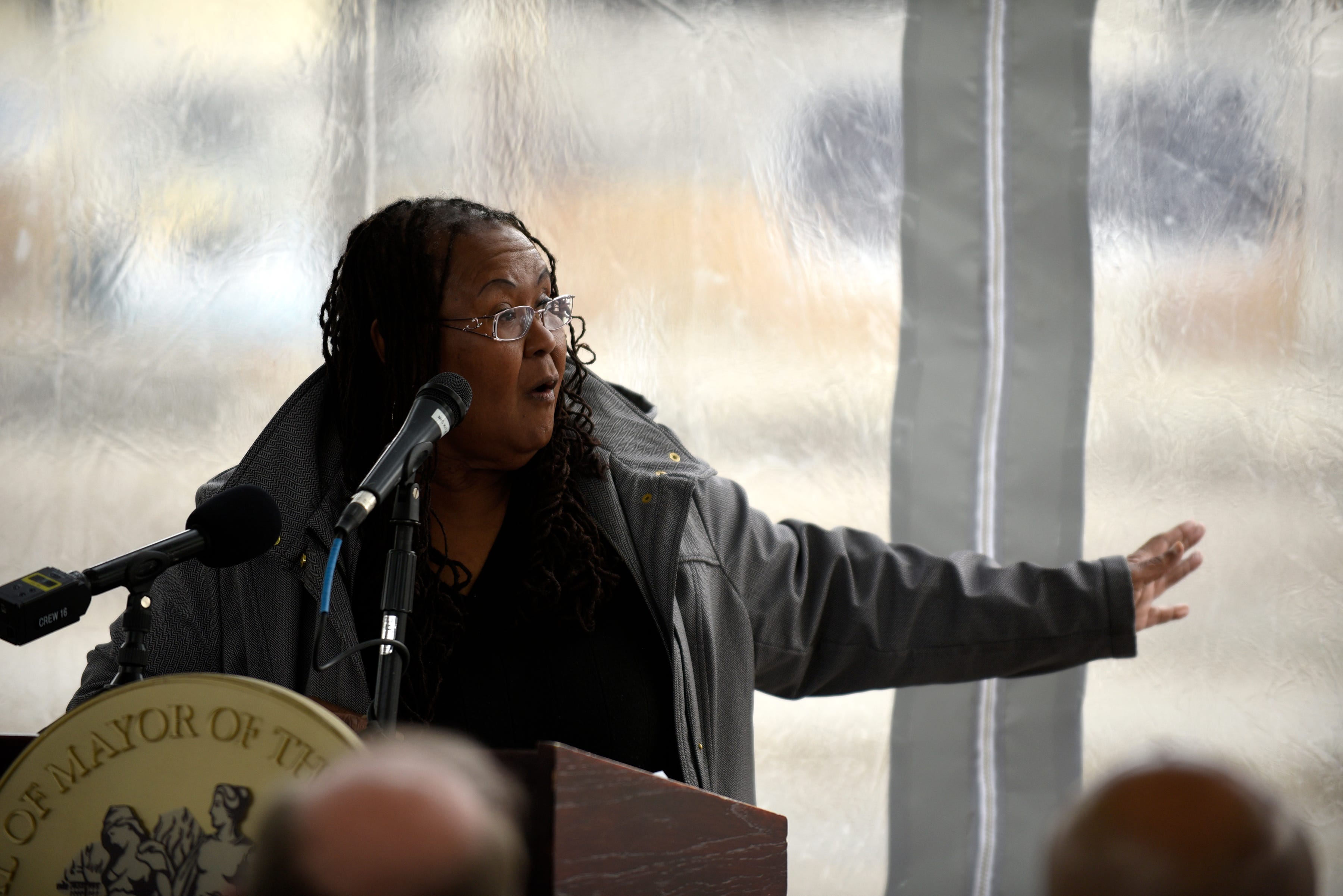 Rev. Cynthia Lowe of the Paveway Neighborhood Association, speaks during a press conference at the former headquarters of the American Motor Corporation, 14250 Plymouth Road, Detroit, Thursday, Dec. 9, 2021.