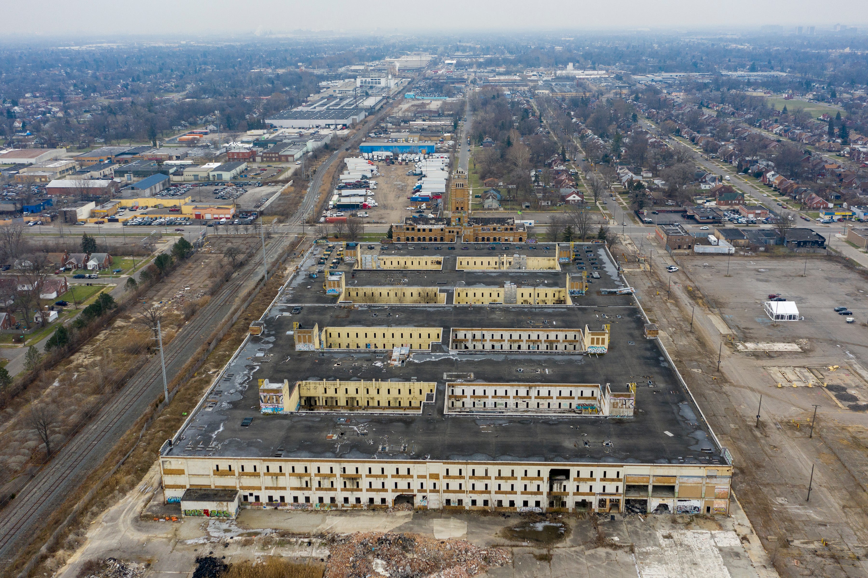 An aerial view of the former American Motor headquarters in Detroit that has sat abandoned since 2010, on Thursday, Dec. 9, 2021. An agreement between NorthPoint Development and the city would sell the city-owned land, including the buildings and 26 residential parcels, to NorthPoint Development for nearly $5.9 million. The company proposes to raze the existing facility and build a new industrial complex suitable for an automotive supplier.