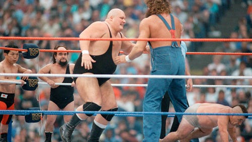 One of the more entertaining matches of WrestleMania III was a six-man tag match that featured two behemoths, in King Kong Bundy and Hillbilly Jim, and four little wrestlers.