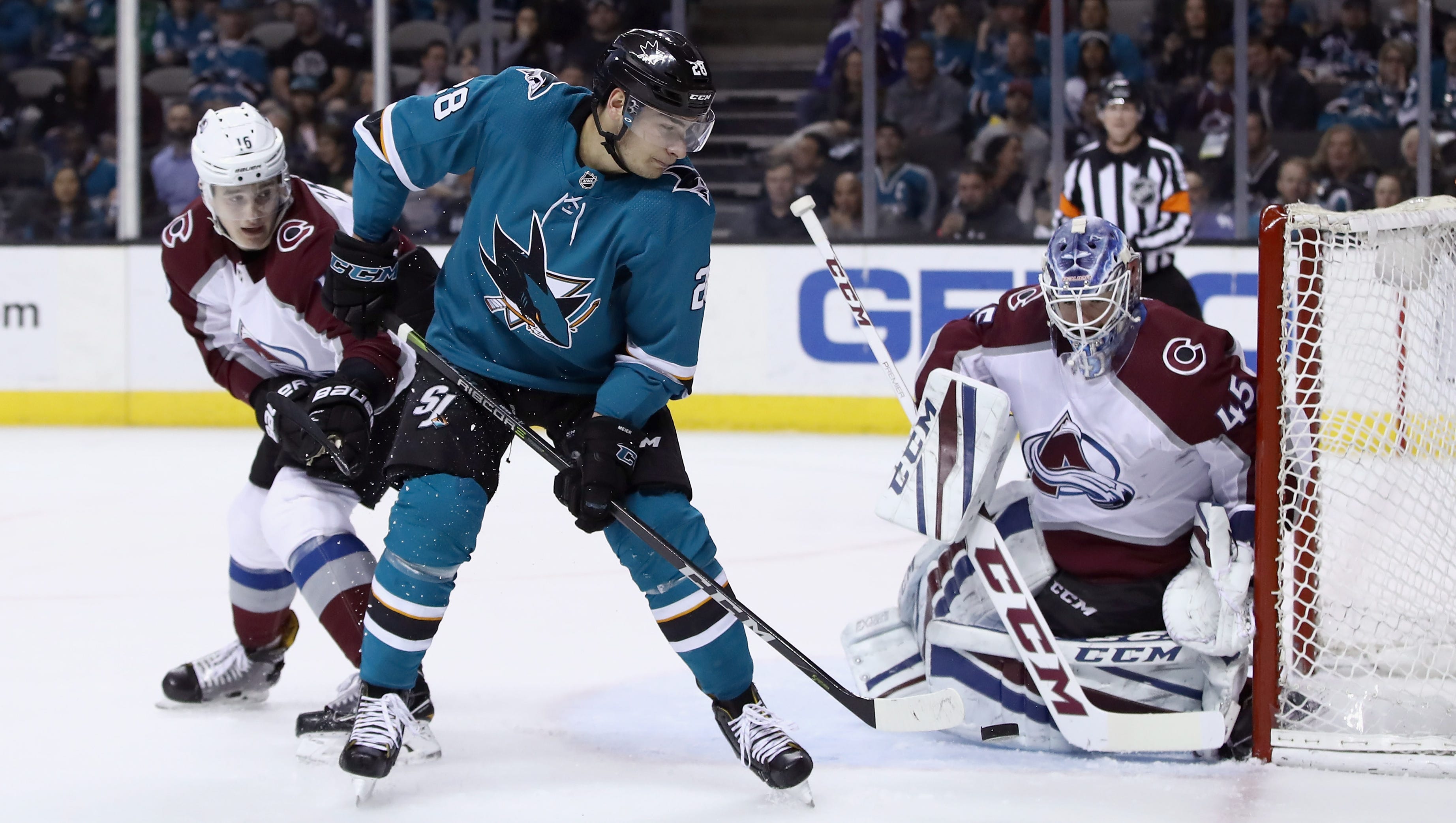 Jonathan Bernier of the Colorado Avalanche makes a save on a shot taken by Timo Meier of the San Jose Sharks at SAP Center on April 5, 2018 in San Jose, California.