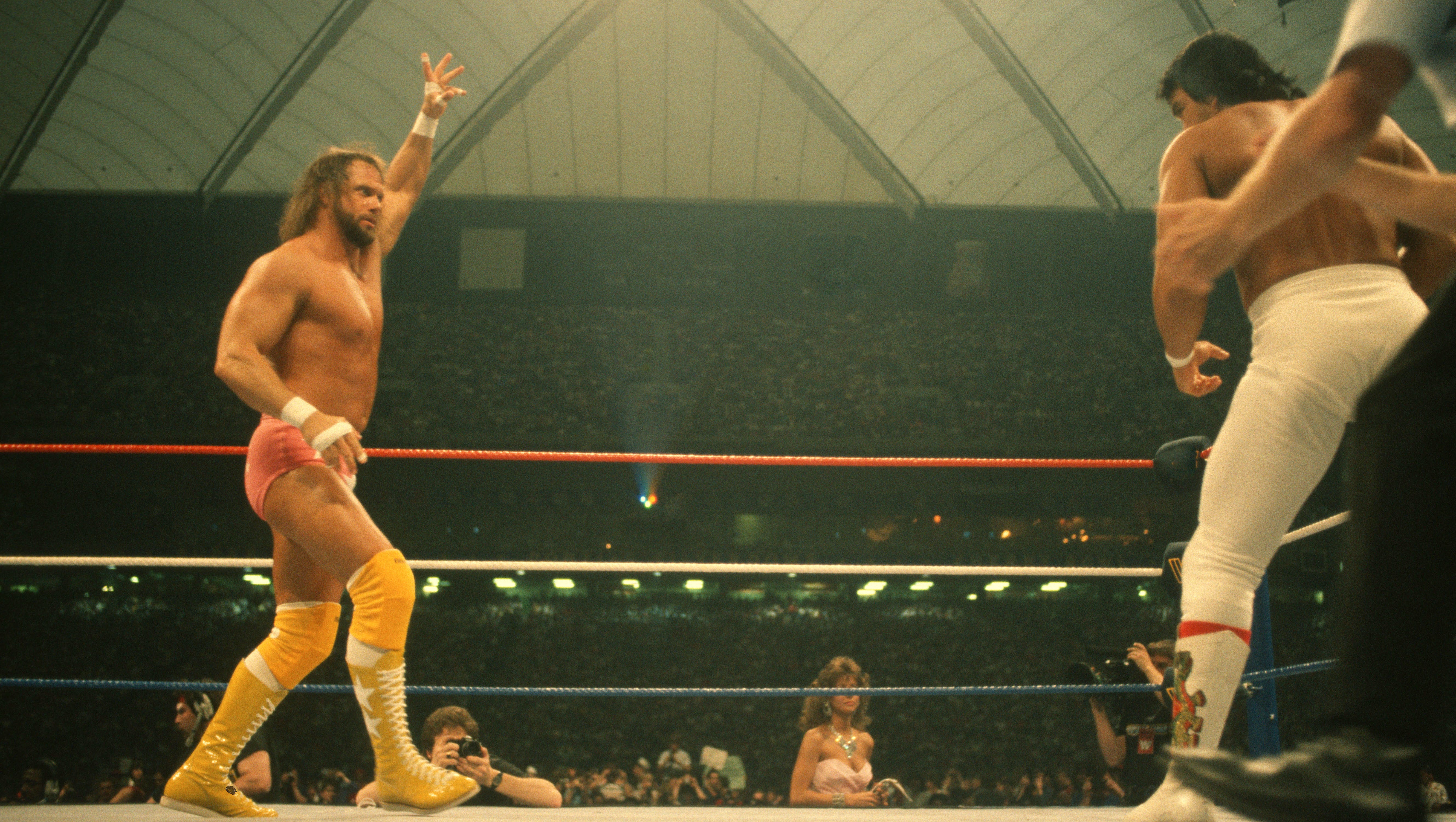 While Andre the Giant-Hulk Hogan was the main event, the match between Randy "Macho Man" Savage, left, and Ricky "The Dragon" Steamboat, right, was the most action-packed of the night -- and still is considered one of the greatest wrestling matches of all-time.