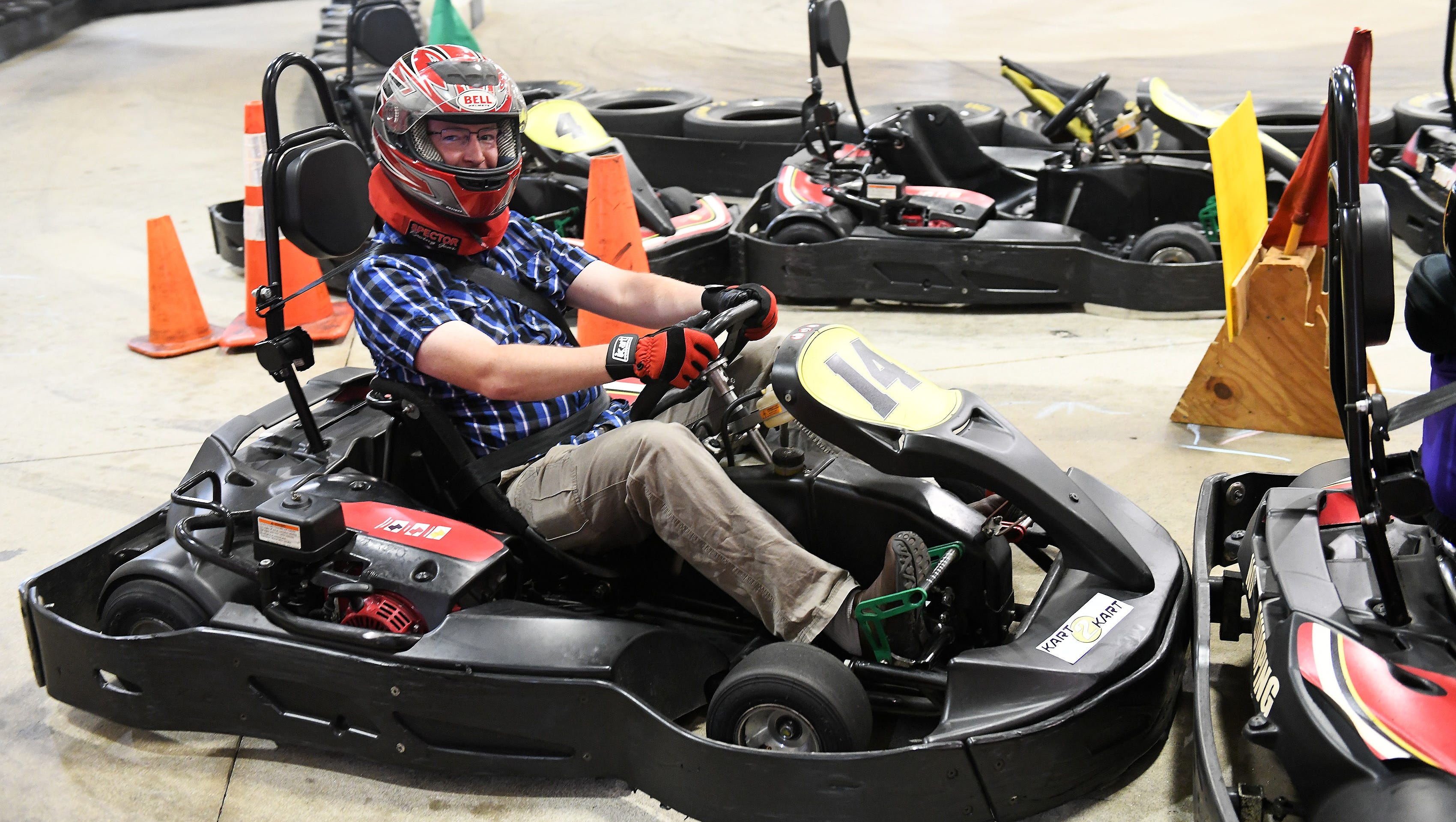 Geoff Guthrie of St. Ignace, son of Doug Guthrie, gets ready for his qualifying run during the Doug Guthrie Memorial Media Karting Challenge on Tuesday, May 29, 2018, at Kart2Kart in Sterling Heights.