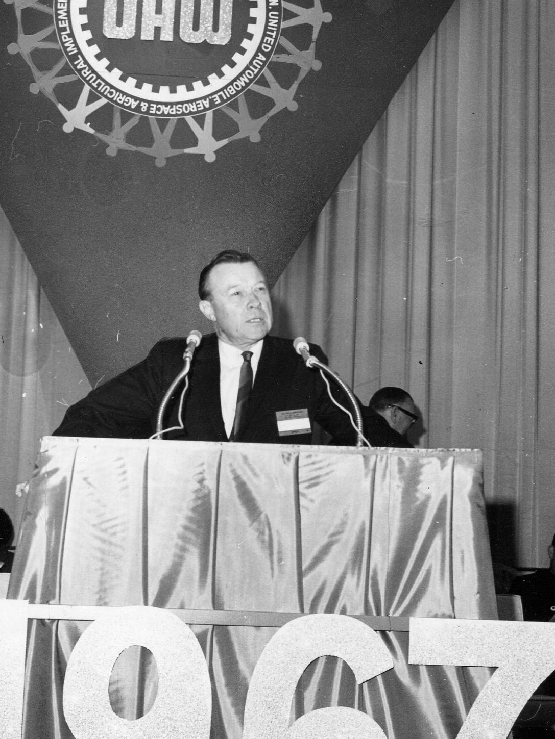 United Auto Workers President Walter Reuther addresses the UAW convention at Cobo on April 20, 1967.