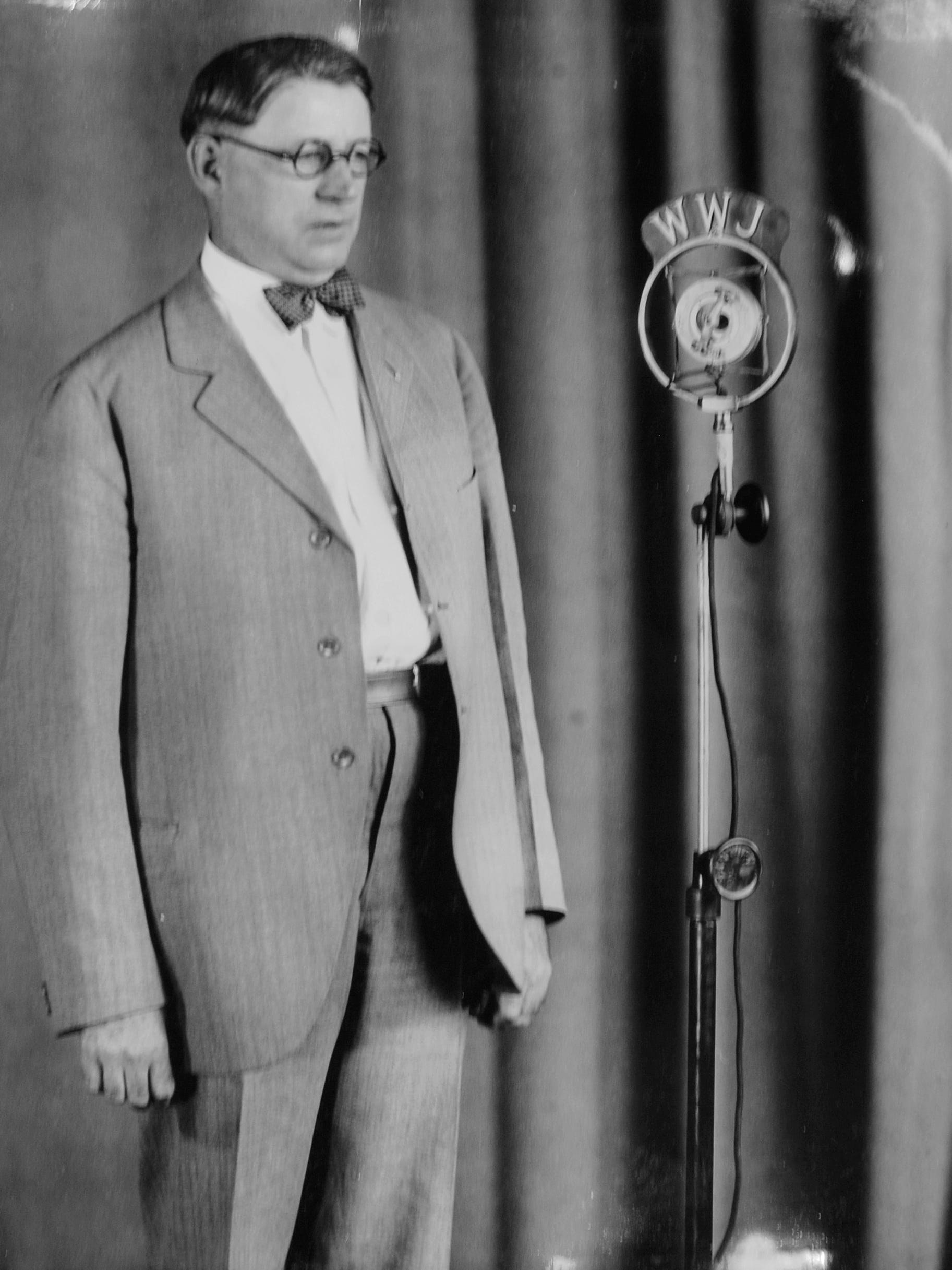 Detroit Mayor Charles Bowles made the first political speech over WWJ's airwaves.  Seen here on July 12, 1930, he was fighting a recall election just six months after he had taken office.  While he had campaigned as an anti-crime reformer, he fired the police commissioner after the latter had ordered a series of raids. The outraged electorate booted him out of office.