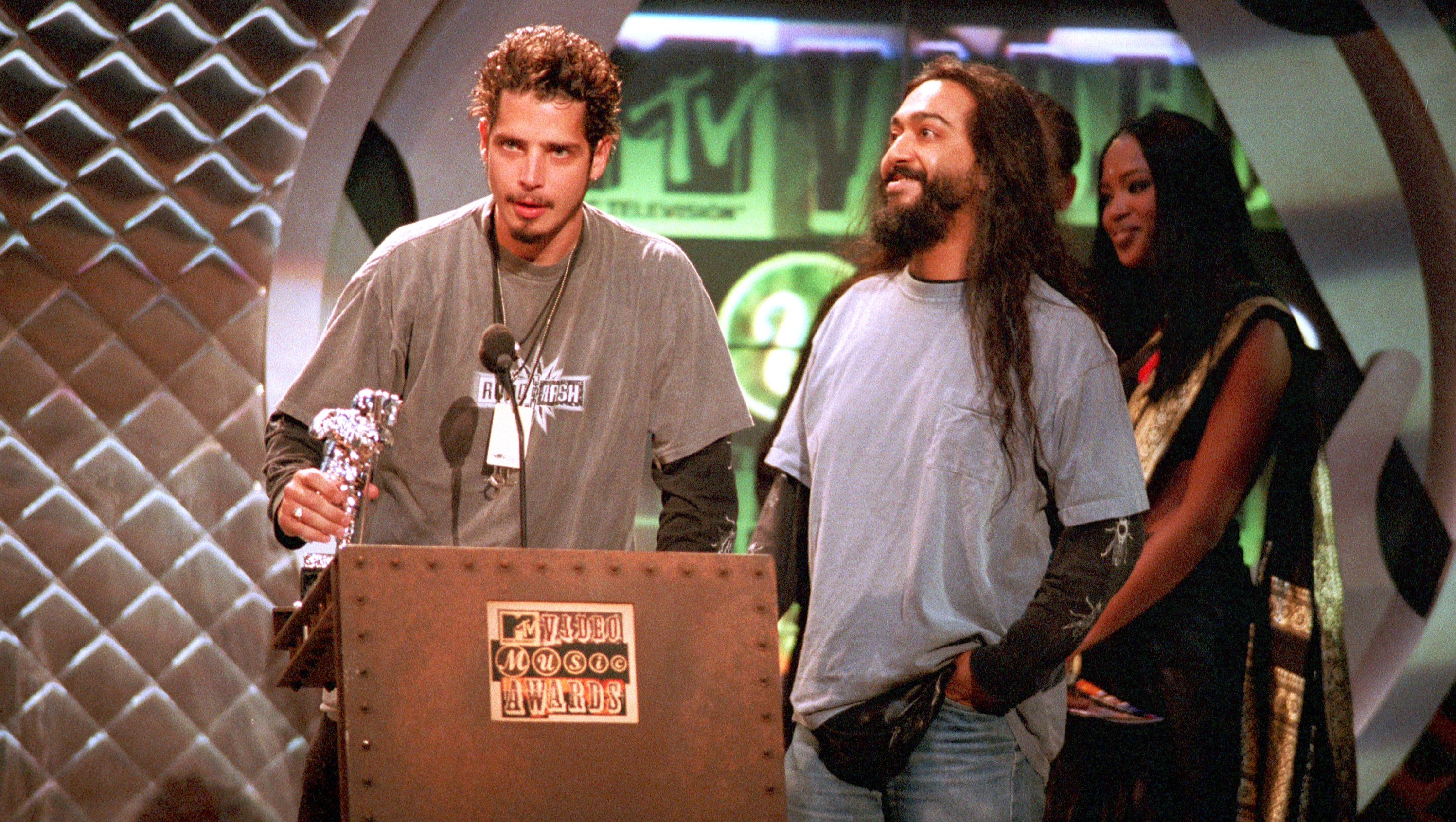Chris Cornell, left, and Kim Thayil of Soundgarden accept their award at the MTV Video Music Awards at New York's Radio City Music Hall, Sept. 8, 1994.  The band won Best Metal/Hard Rock Video for "Black Hole Sun."