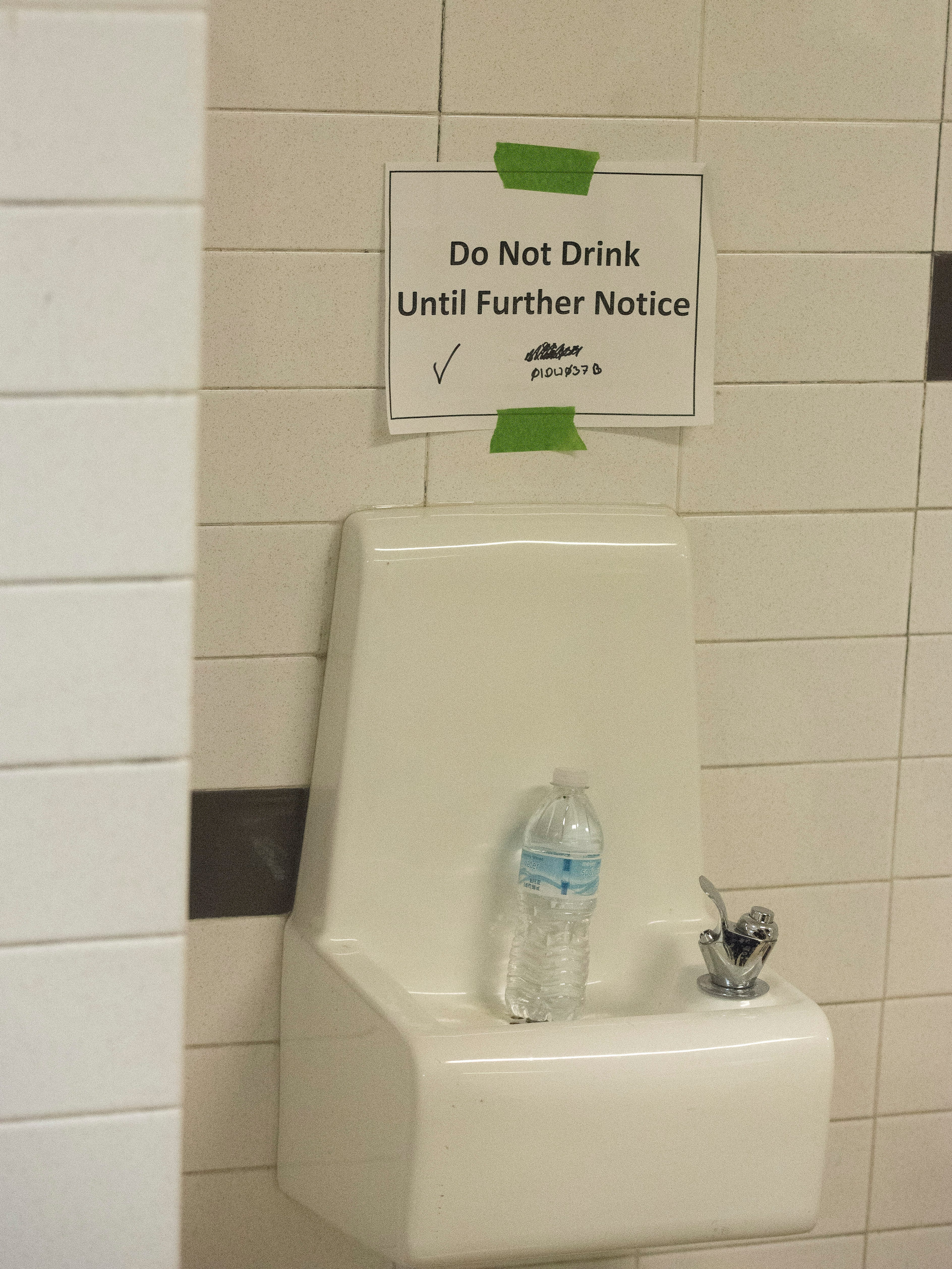 A closed water fountain in one of the hallways at Northwestern High School in Flint.
