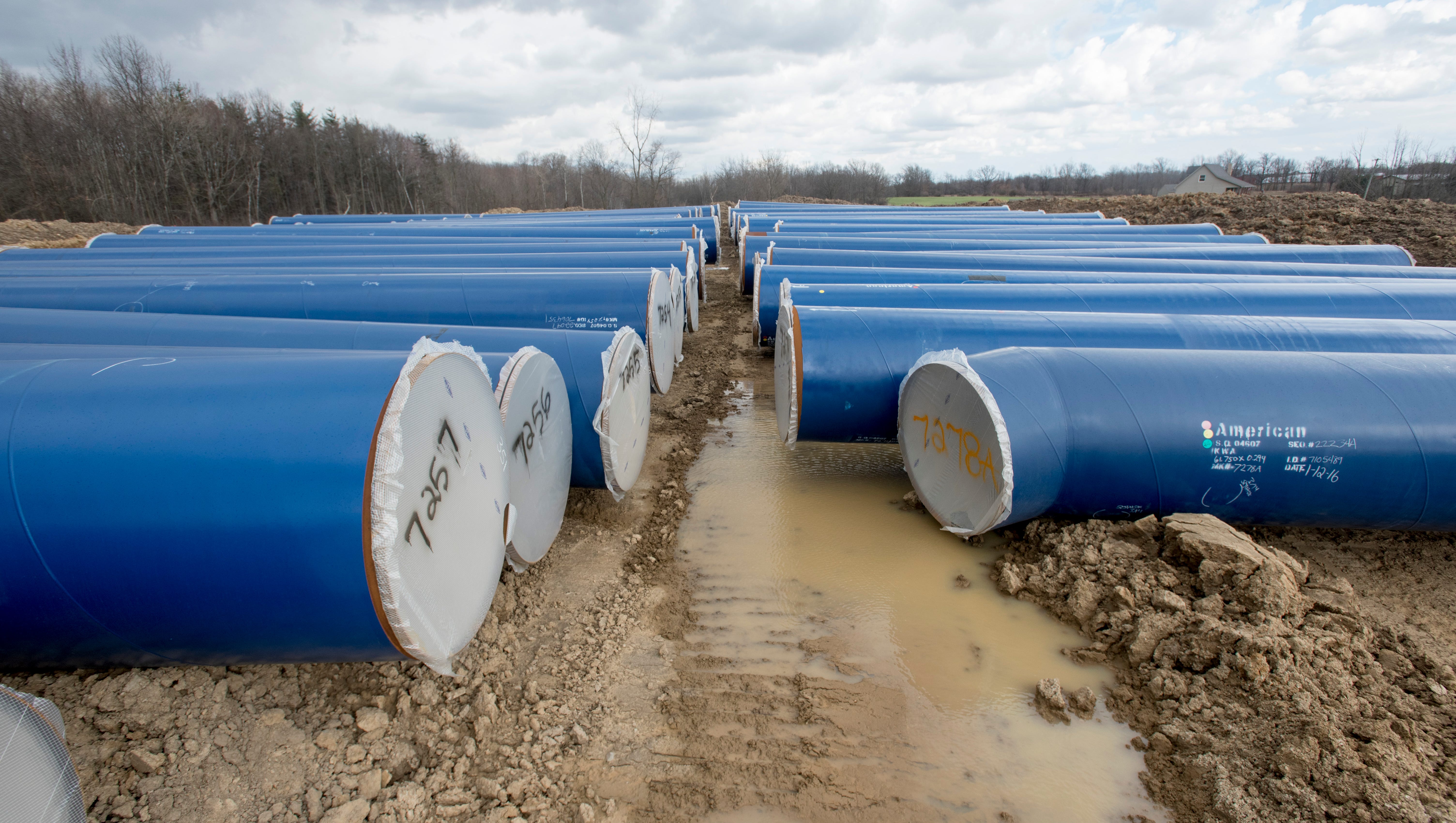 Several 50-foot-long sections of pipe wait in a field to be added to the Karegnondi Water Authority pipeline.