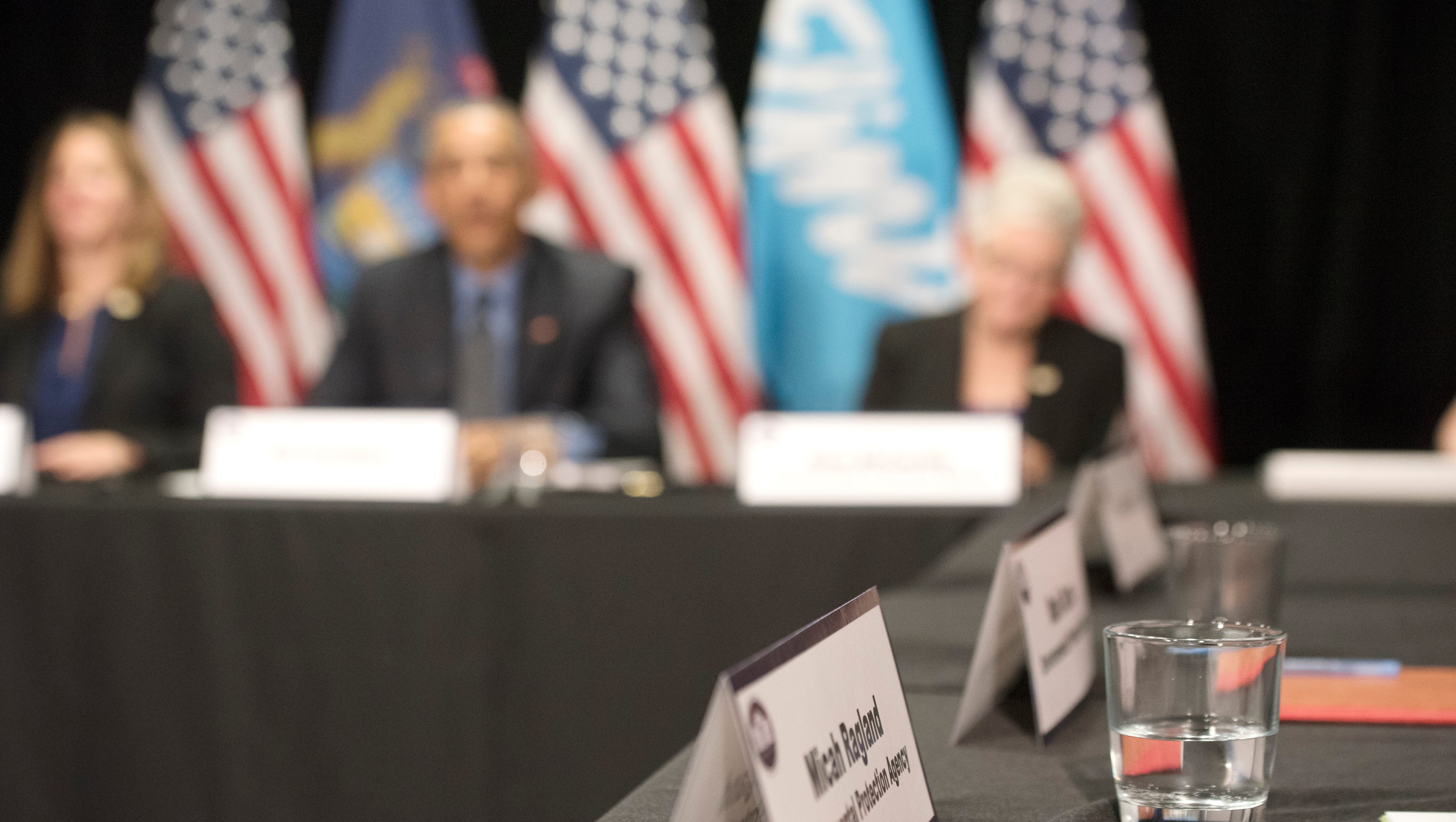 Filtered drinking water sits on the tables  during President Obama's meeting with other federal officials at the Food Bank of Eastern Michigan.