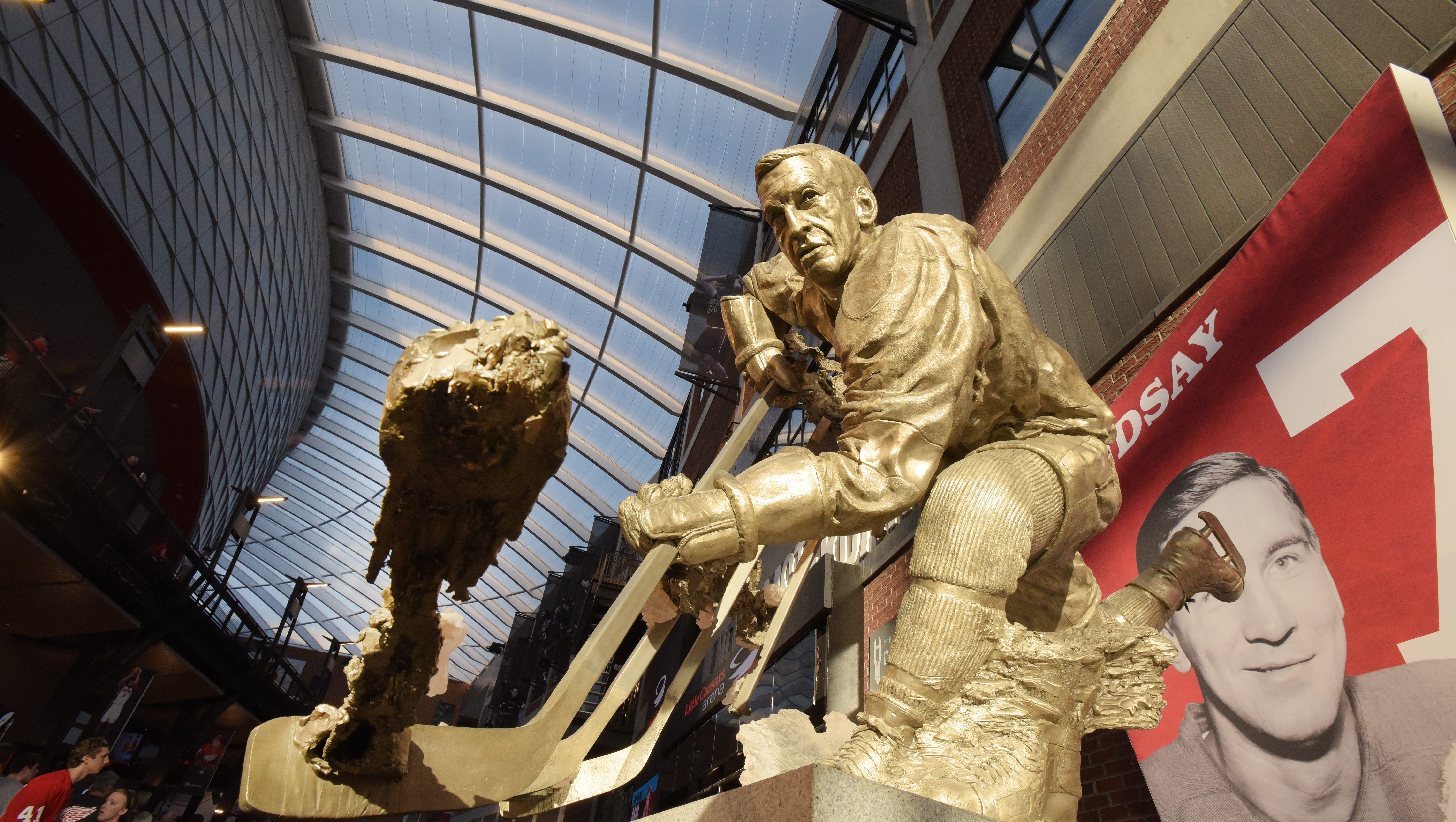 The new home of Red Wings great Ted Lindsay's statue along with others throughout Little Caesars Arena.