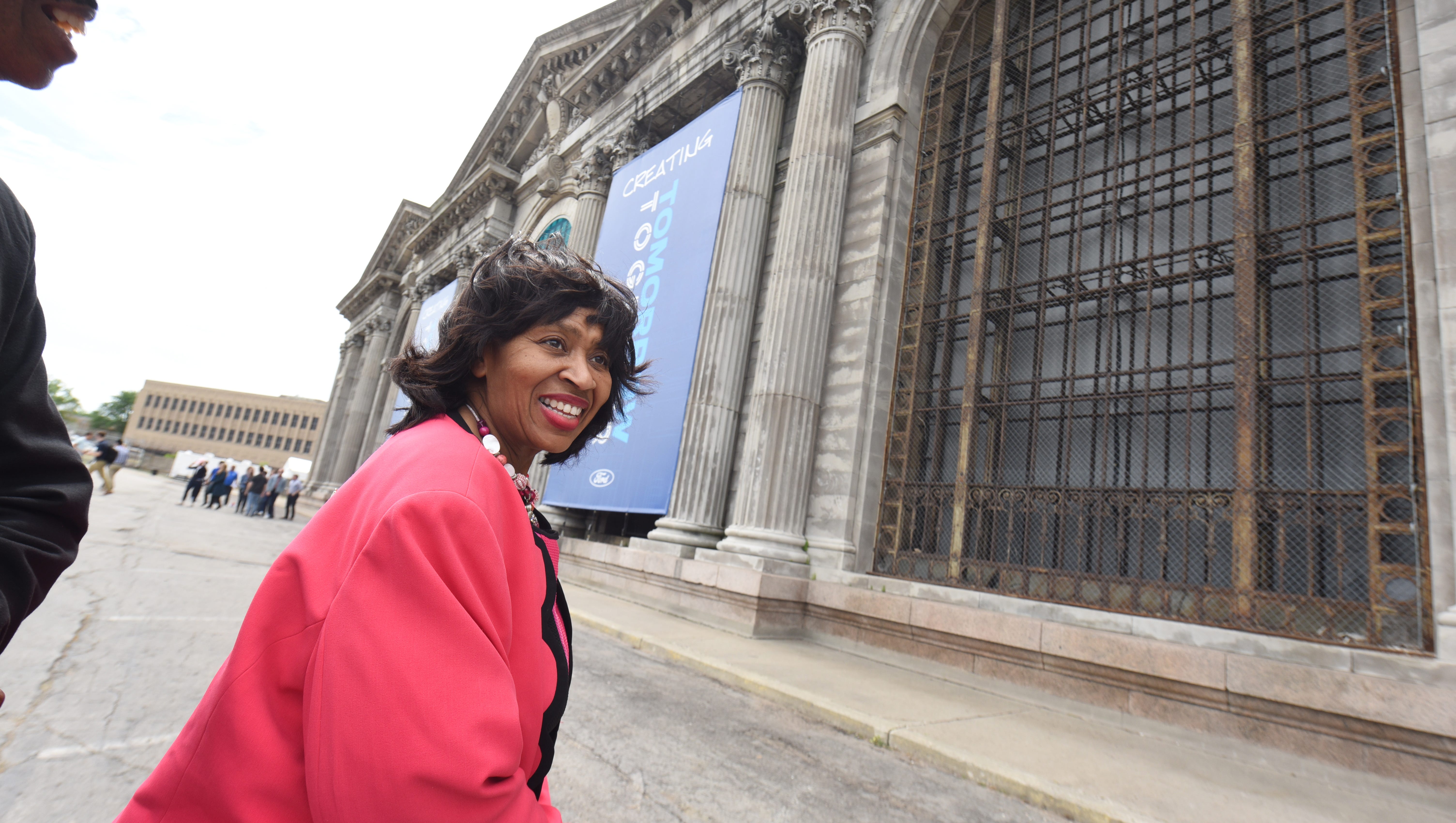 Detroit City Council President Brenda Jones leaves the Michigan Central Train Depot after her tour on Friday in Detroit.