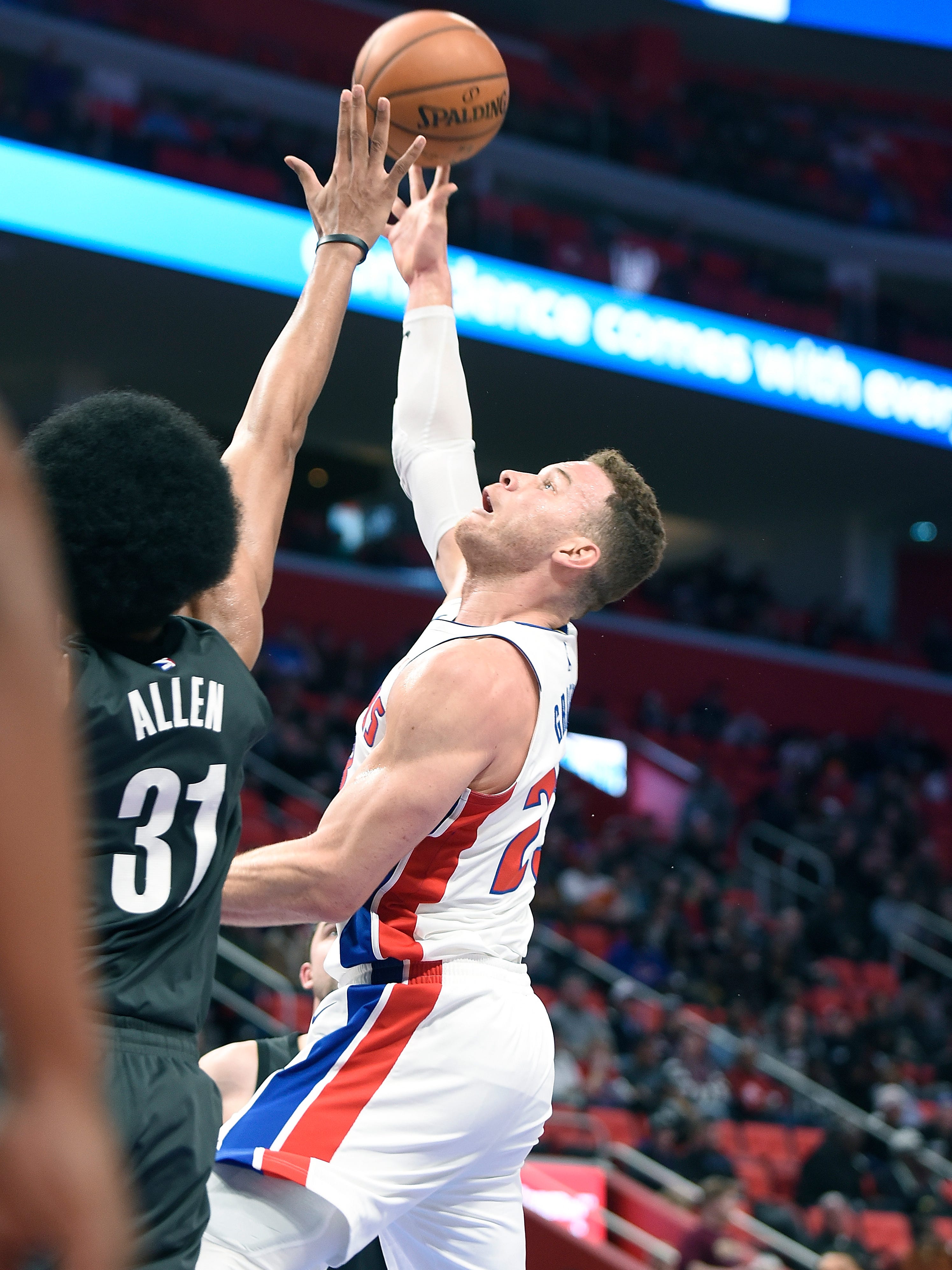 Pistons' Blake Griffin scores over Nets' Jarrett Allen in the fourth quarter. Griffin had 25 points and seven assists.