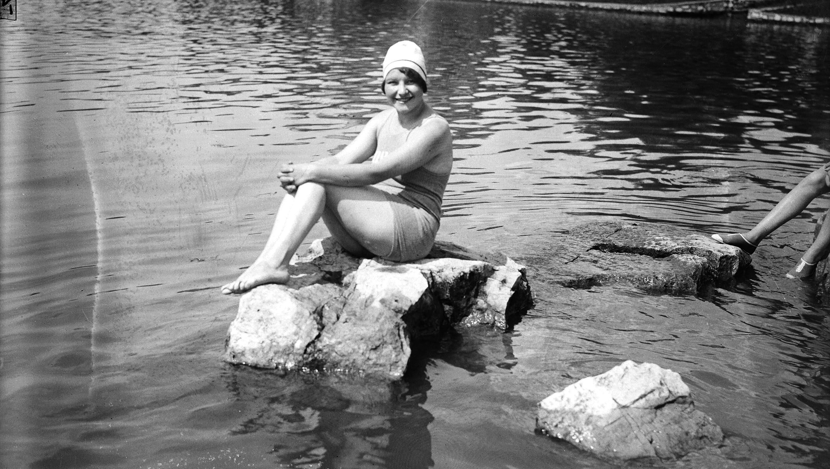 A bather poses at Boblo Island on the Canadian side of the Detroit River in the 1920s. The initial attractions of the island were mostly simple: a day on the river and a picnic in a park-like setting.