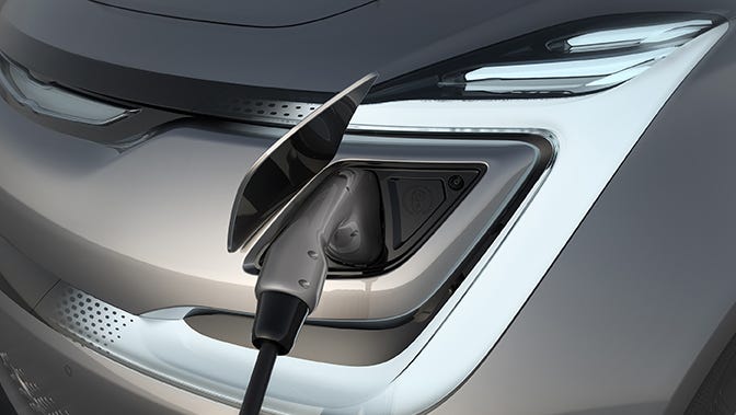 The Chrysler Portal concept charging port. Portal is estimated to have more than 250 miles of range on a full charge.