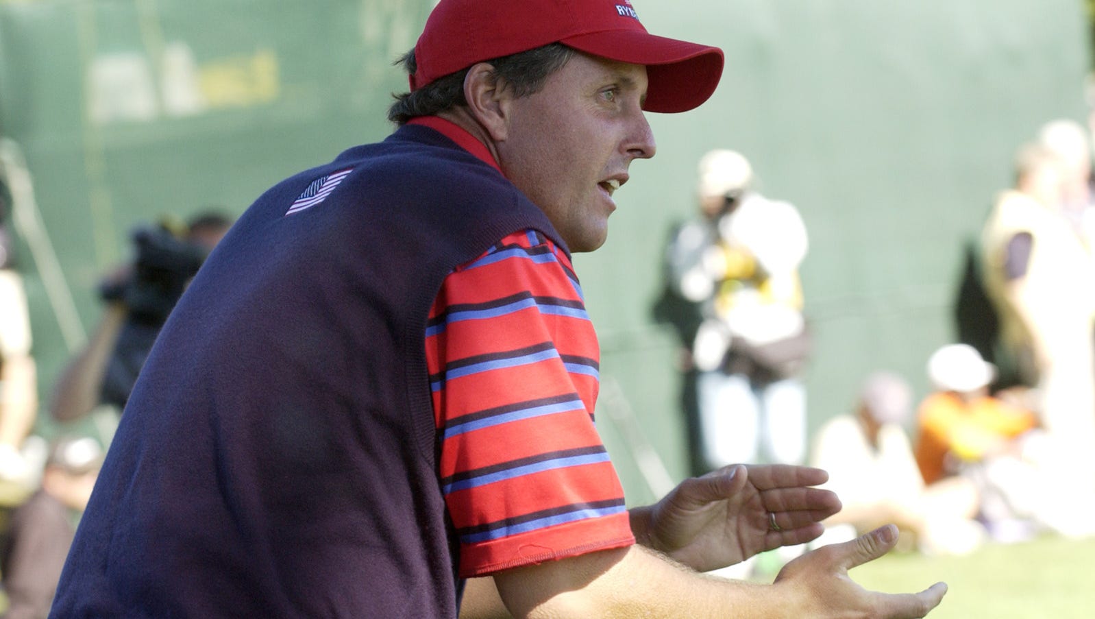 Phil Mickelson plays cheerleader at the 2004 Ryder Cup at Oakland Hills.