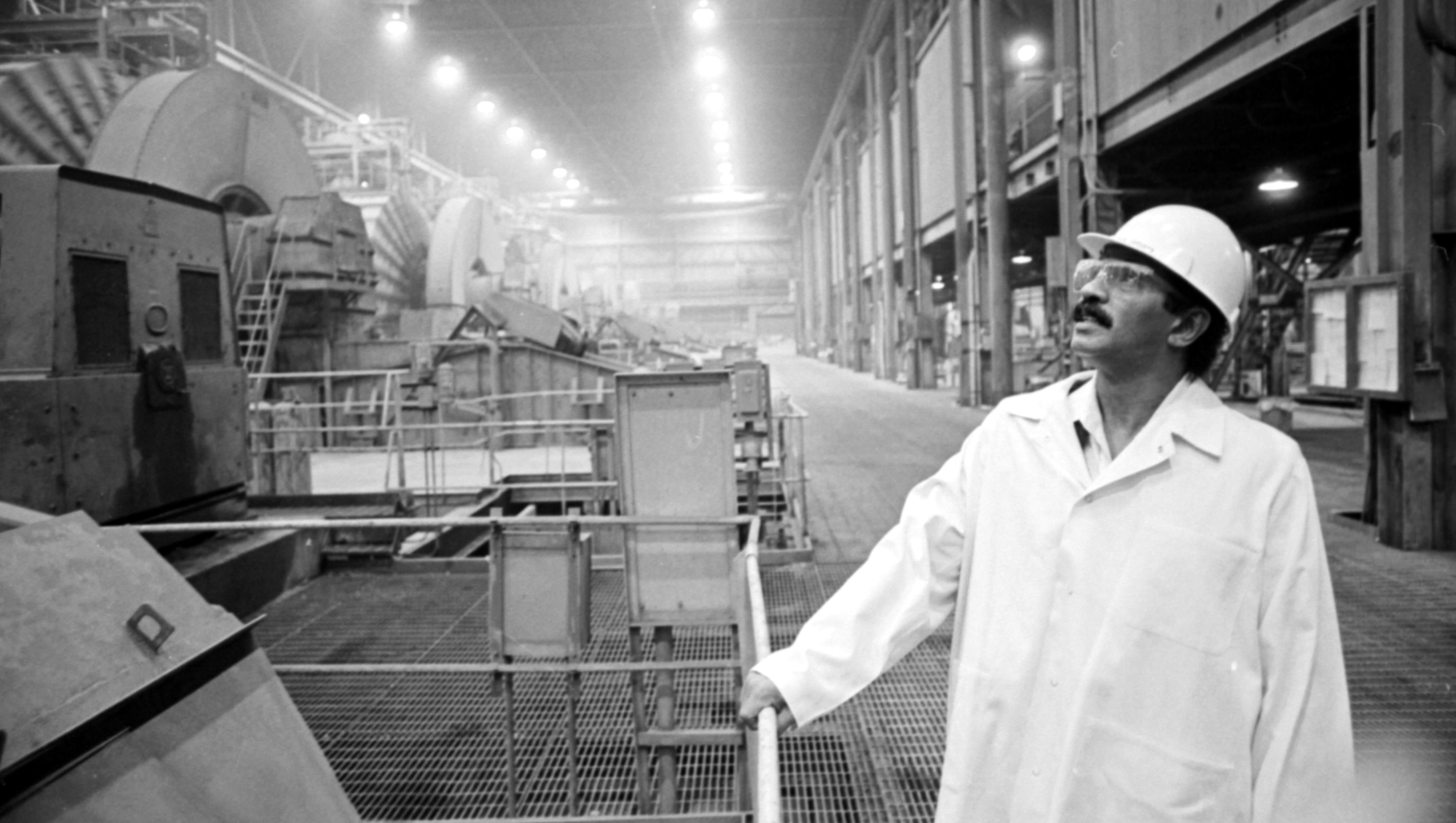 John Conyers visits a factory during a tour of Escanaba and Marquette in the Upper Peninsula in 1980.