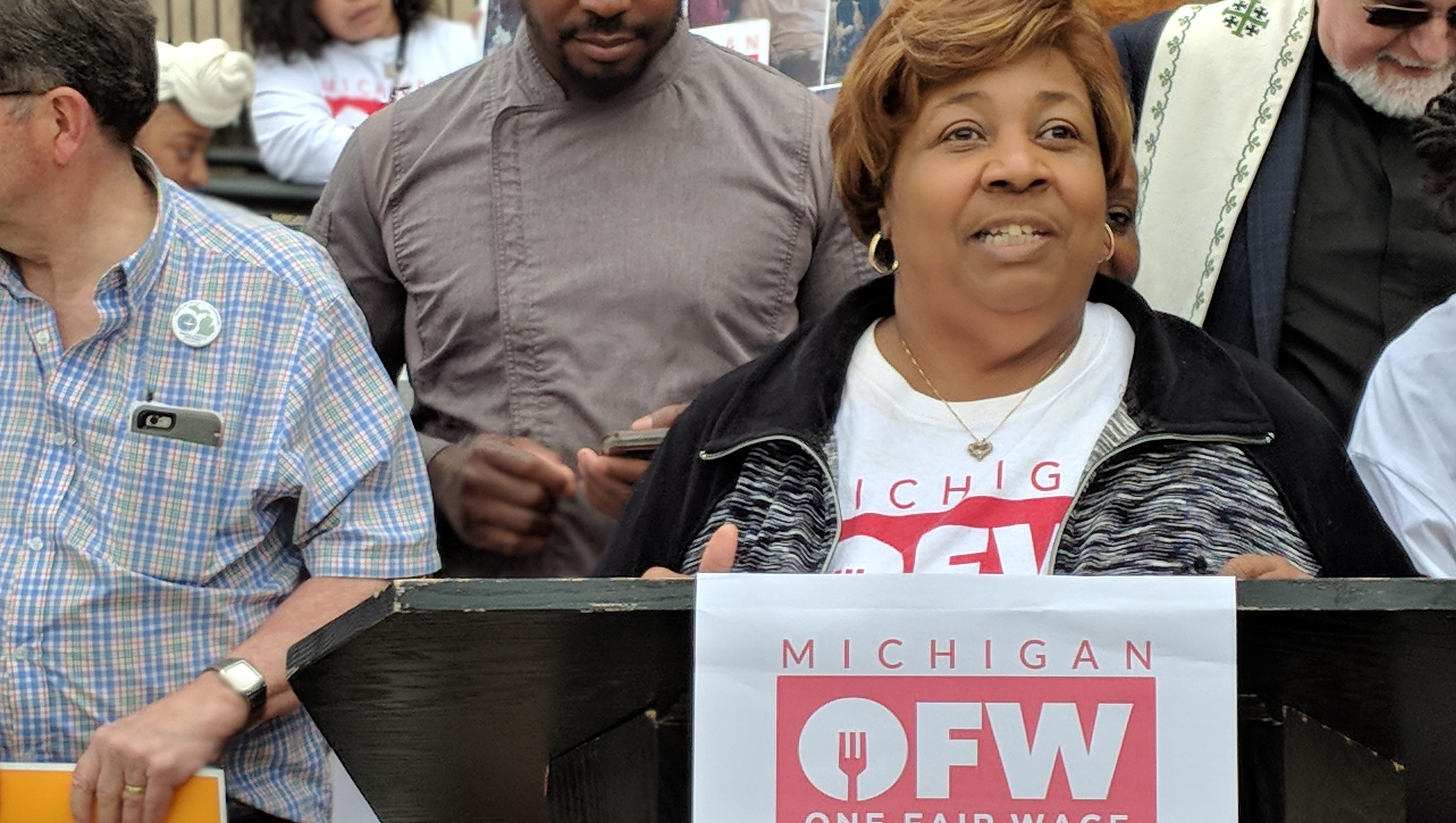 Alicia Renee Farris of One Fair Michigan speaks outside the Michigan Secretary of State's office on May 21, 2018.