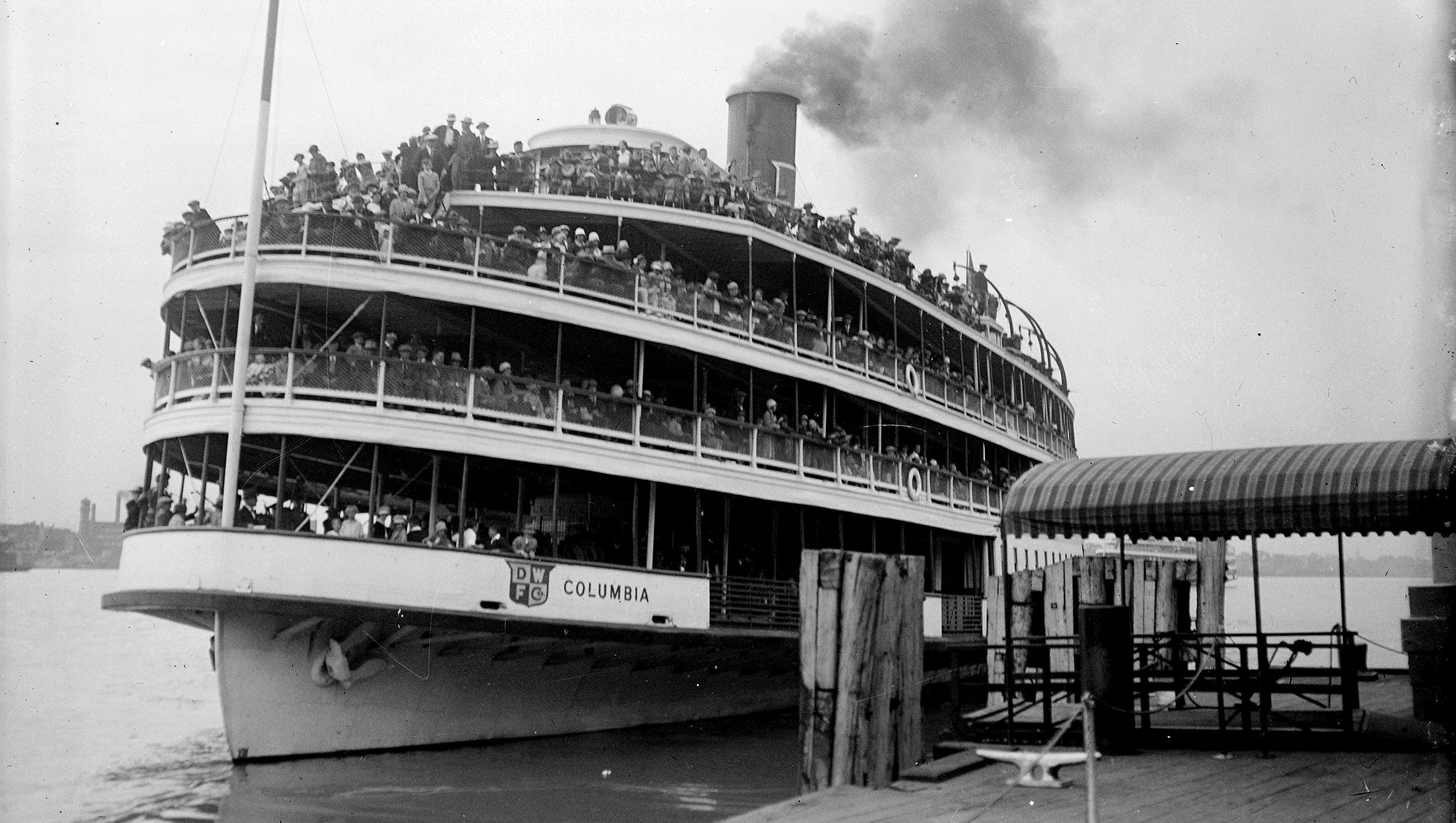Passengers fill the docked Boblo boat Columbia in the 1920s.  In 1902 and 1910 the steamers Columbia and Ste. Claire were built. They could hold more than 2,500 passengers each, and carried as many as 800,000 visitors to Boblo Island yearly in the island's heyday in the '60s and '70s.