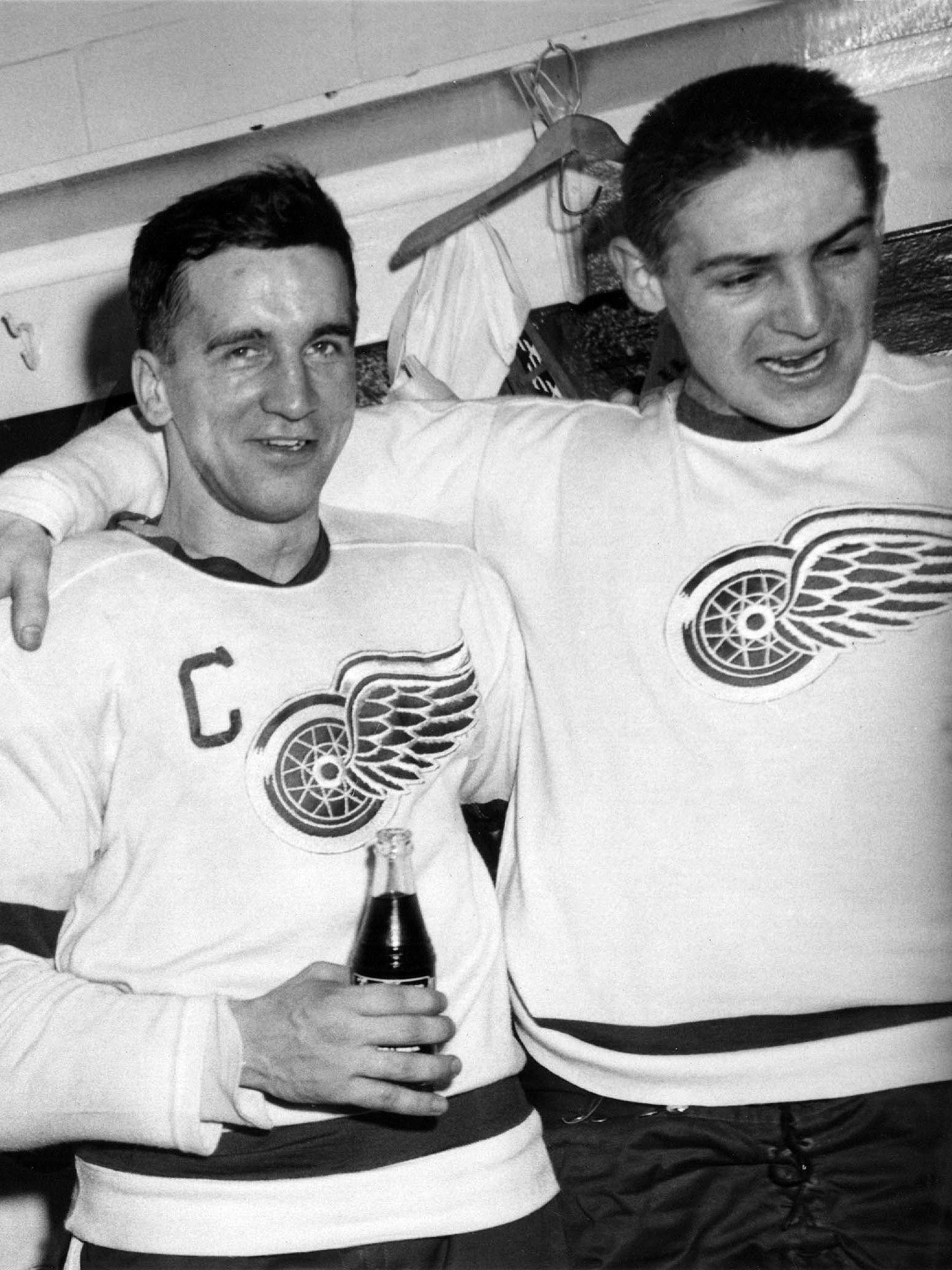 Ted Lindsay of the Detroit Red Wings with Terry Sawchuk, April 1955. Lindsay fought to establish the National Hockey League Players' Association, winning an out-of-court settlement with the NHL in 1958.