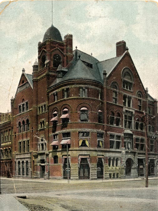 A postcard shows the YMCA building on Grand River Avenue  and Griswold in Detroit, built in 1887. This was the Detroit YMCA's  first permanent home, and contained reading rooms, a library, a pool and a gymnasium.