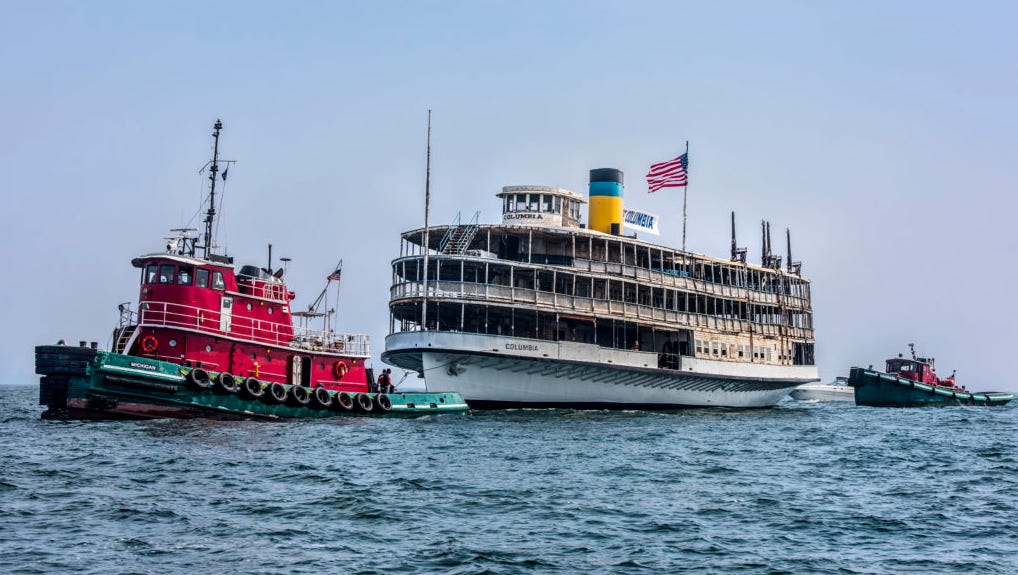 In 2015, the S.S. Columbia was towed from Toledo to Buffalo.  
It traveled over 250 nautical miles, being tugged across across three rivers Ð Detroit, Maumee, and Buffalo -- plus Lake Erie.