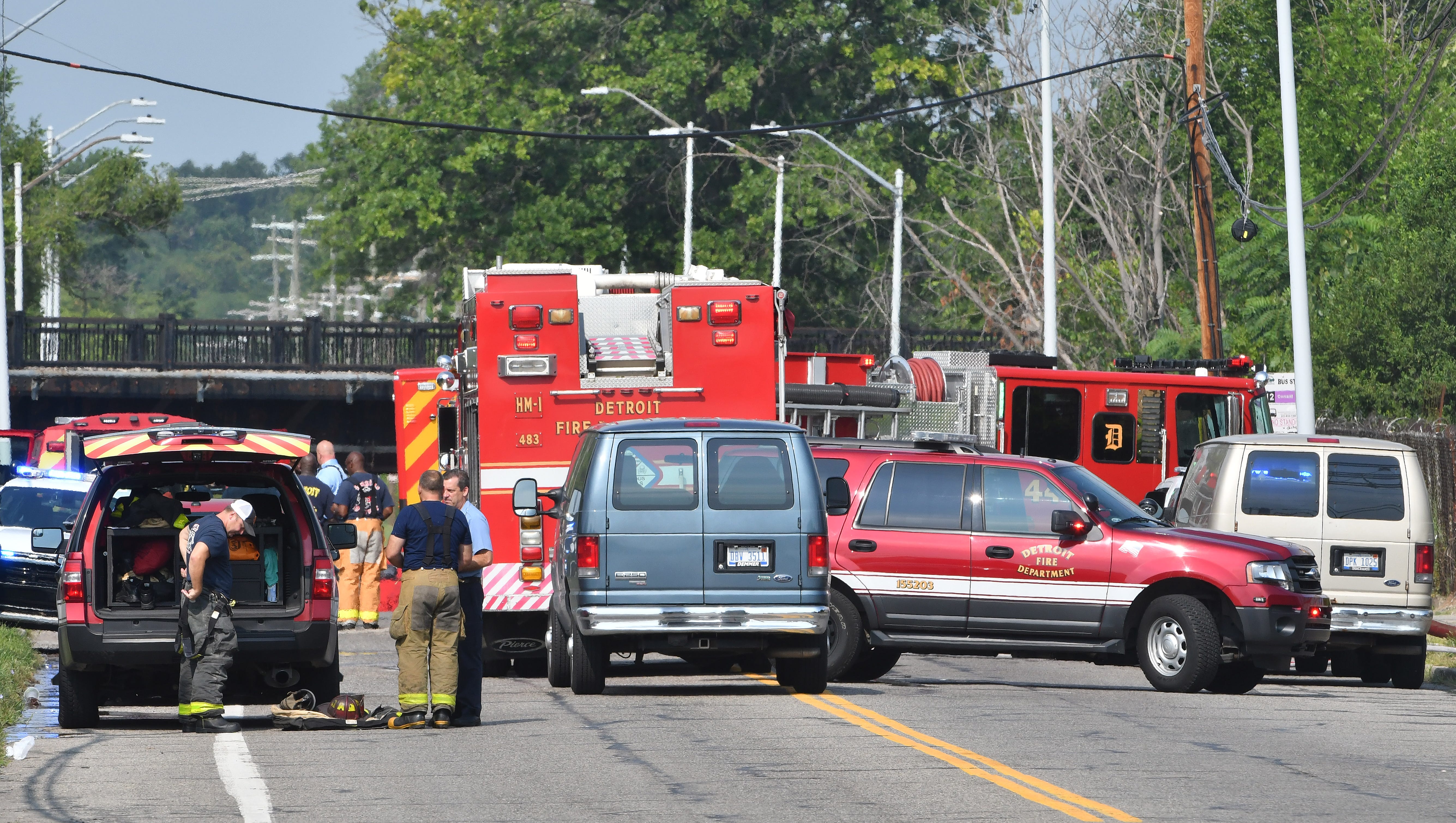 Emergency personnel work Monday at the site of a possible chemical leak near the intersection of Exeter and State Fair West in Detroit.