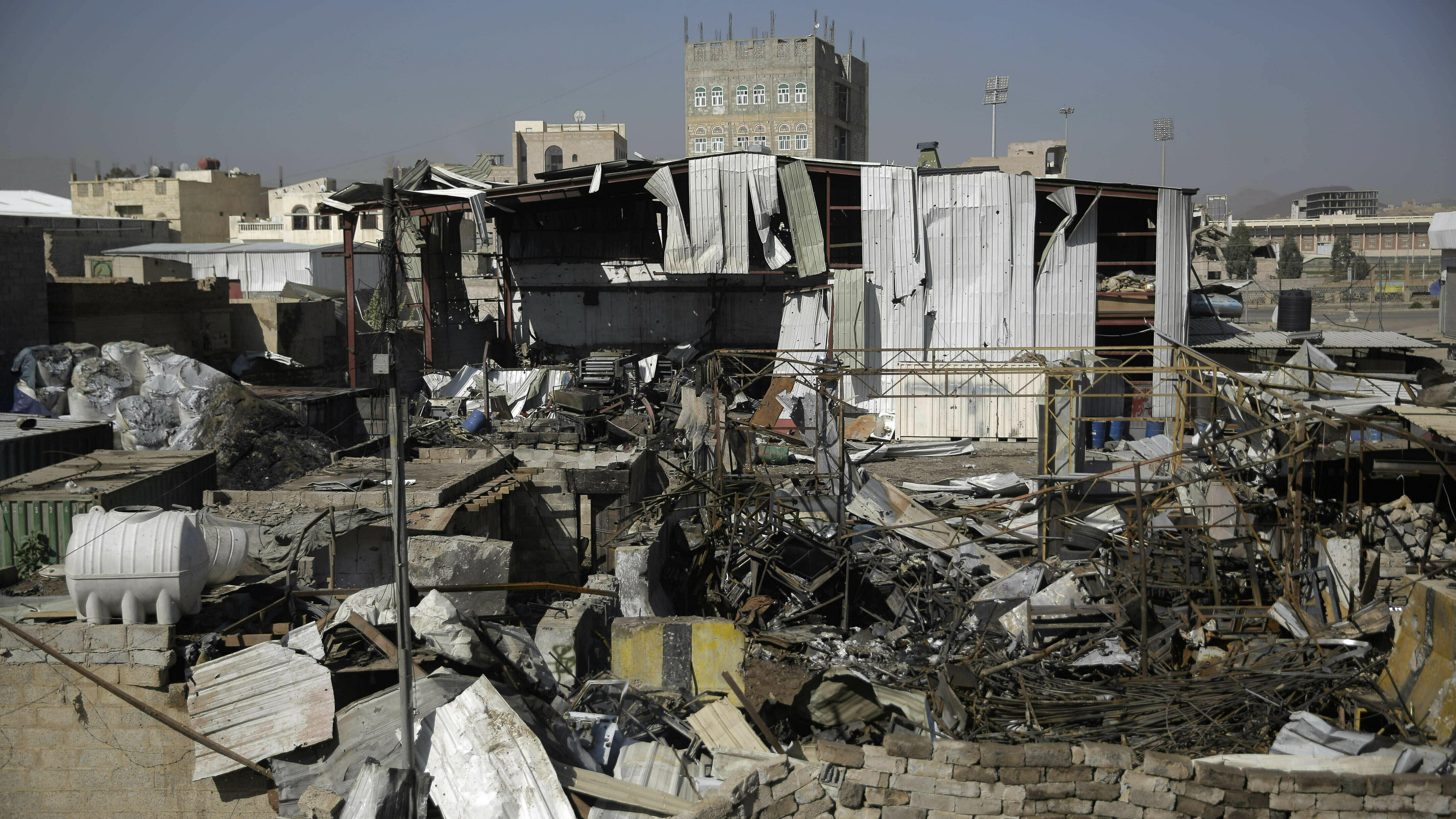 This April 10, 2019, file photo shows a view of the site of an airstrike by Saudi-led coalition in Sanaa, Yemen. President Donald Trump on Tuesday vetoed a bill passed by Congress to end U.S. military assistance in Saudi Arabia's war in Yemen.