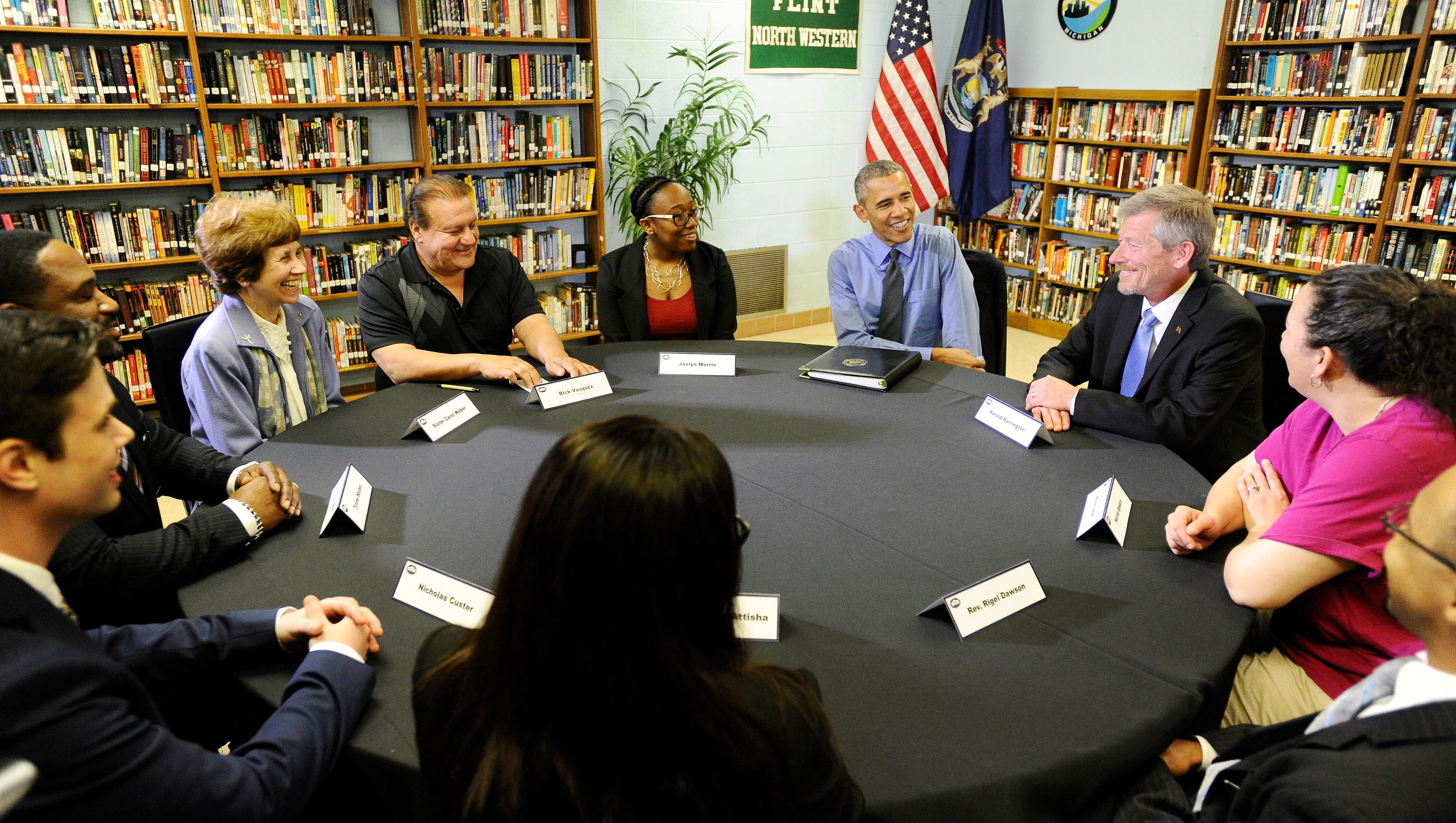Prior to his remarks at Northwestern High School President Obama participates in a round table discussion with Flint residents in the library in Flint, Michigan, on May 4, 2016.