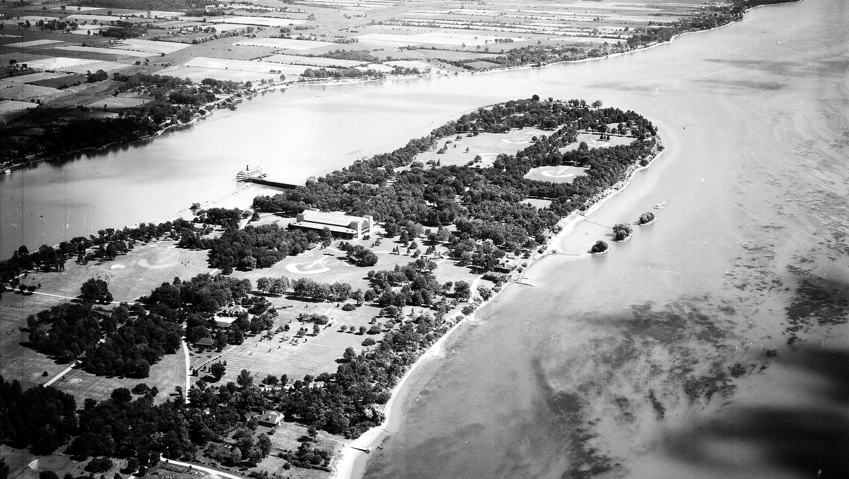 An aerial shot of Boblo island in July 1931. It was originally called Bois Blanc, "island of the white wood," named by the French for the birch and beech trees that covered it. Boblo is approximately three miles long and a half-mile wide, and is 18 miles downriver from downtown Detroit -- just a five-minute ferry ride from Amherstburg, Ontario.