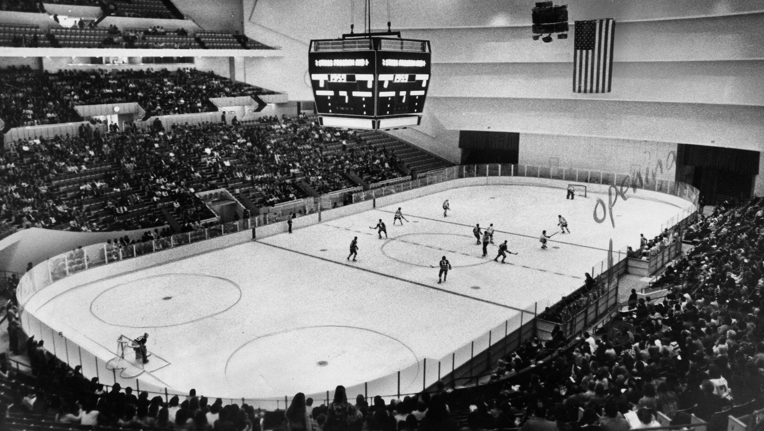 A hockey game is played in Cobo Arena on Oct. 12, 1974. The World Hockey Association Michigan Stags played at Cobo for the 1974-75 season. The arena also was home to the Detroit Pistons from 1961 to 1978.
