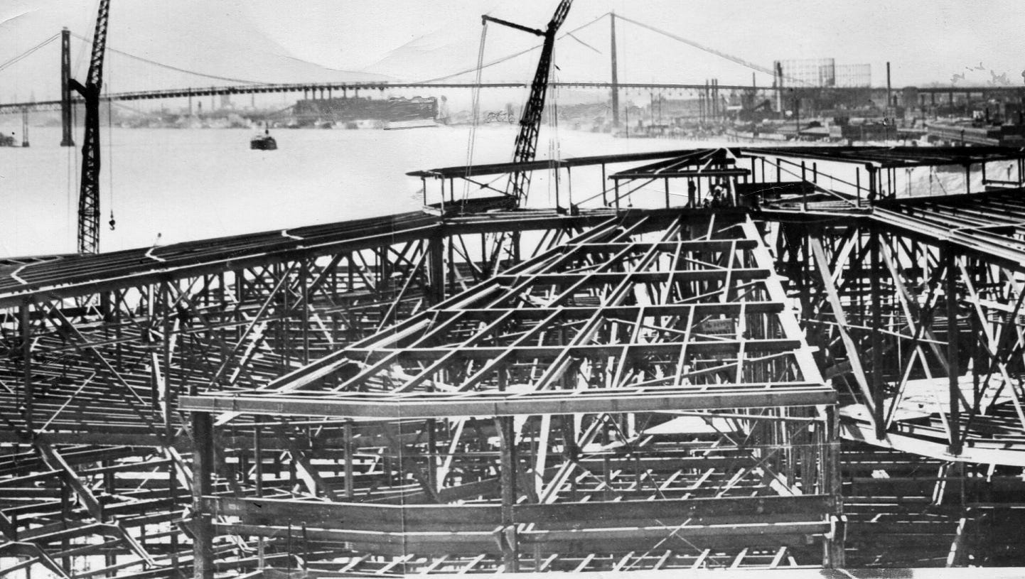 A grid of steel beams forms the structure of Cobo Arena,  adjacent to Cobo Hall, on June 8, 1958. The structure supposedly is located on the spot where Antoine de la Mothe Cadillac landed from the Detroit River in 1701 and claimed the area for France.