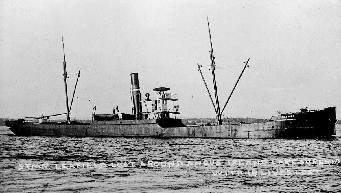 The Leafield, a 249-foot-long steamship built in 1892, was carrying a load of steel rails when it foundered in Lake Superior, 14 miles southeast of Thunder Bay, Ontario.  All 18 aboard were lost. The storm's financial loss in vessels alone was nearly $5 million, the equivalent today of  about $122 million.