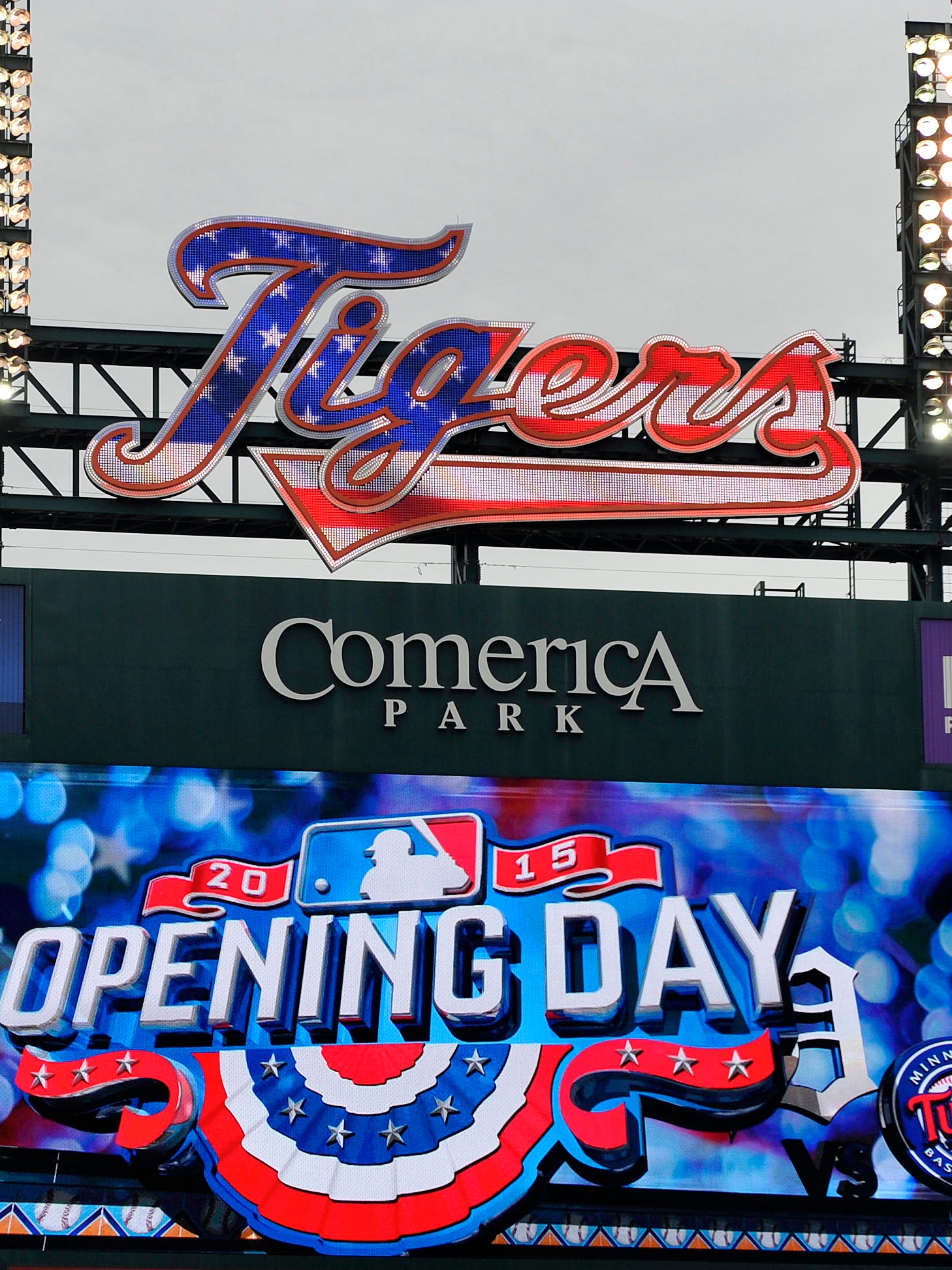 The scoreboard out in left field is ready for Opening Day in Detroit as the Tigers kick off the 2015 season against the Minnesota Twins at Comerica Park in Detroit.  Photos taken on Monday, April 6, 2015.