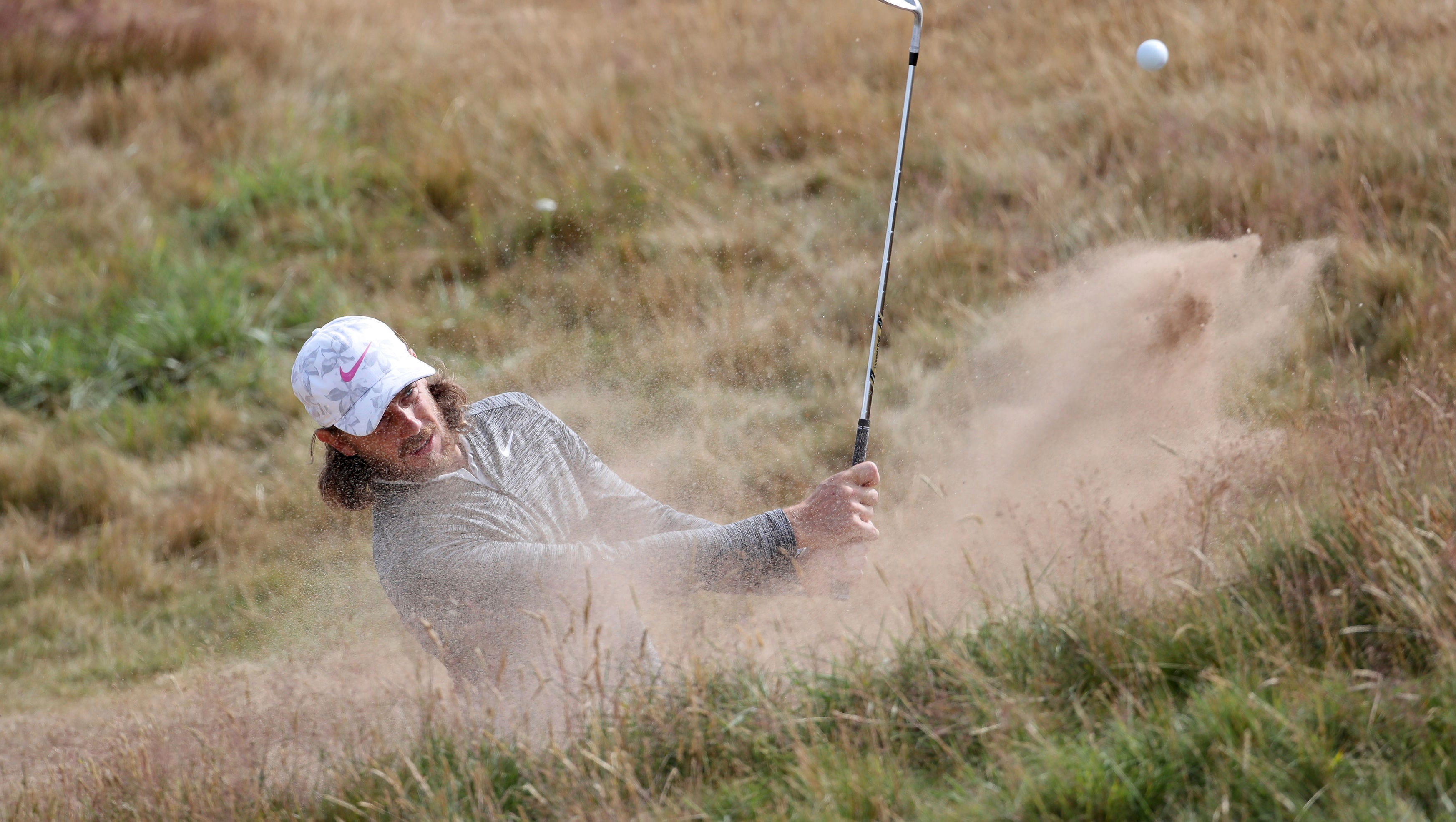 Tommy Fleetwood practices for the British Open on Sunday at  Carnoustie Golf Links.