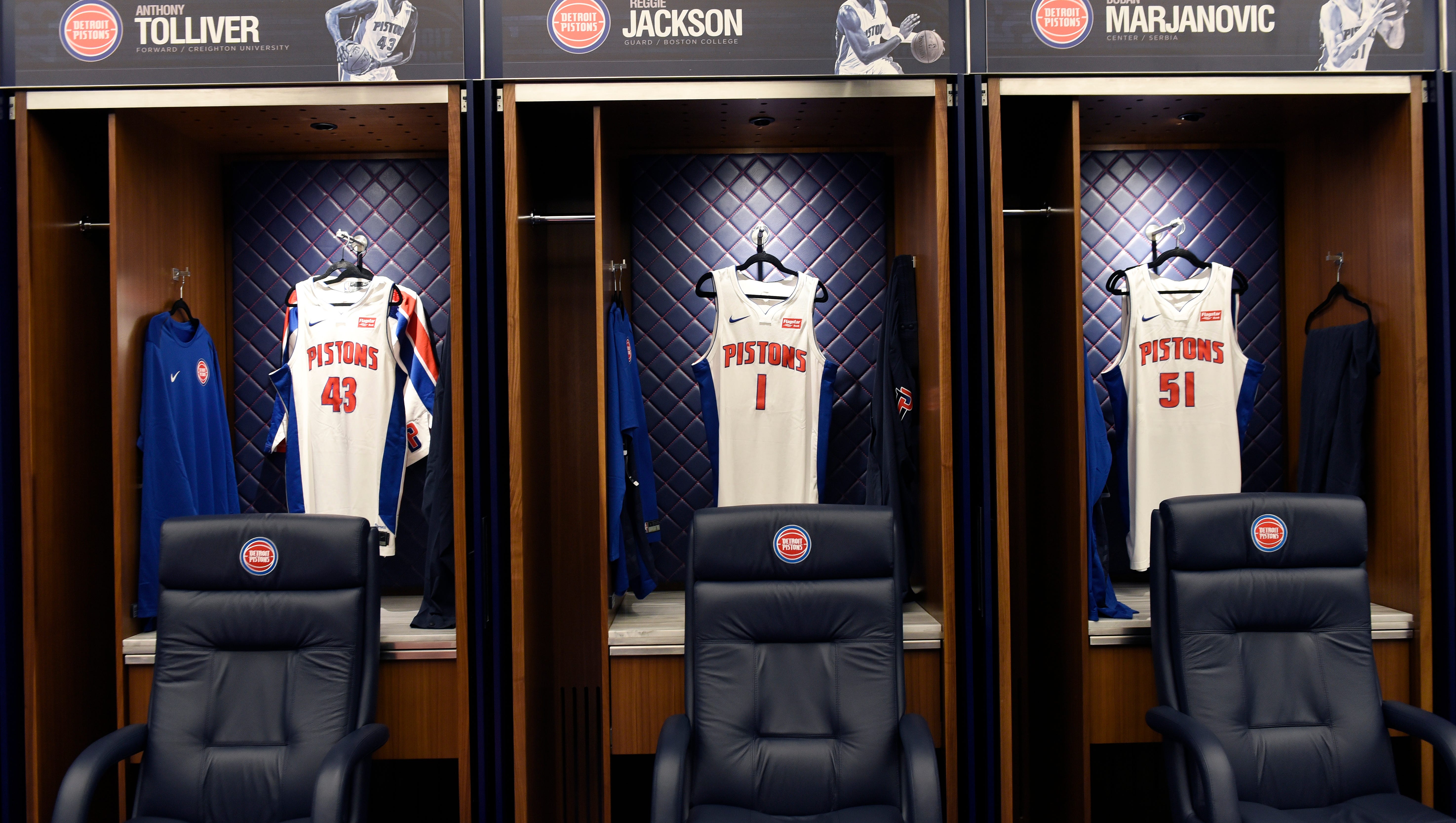 The Pistons get large, comfortable chairs in their locker room, along with three big-screen TVs.