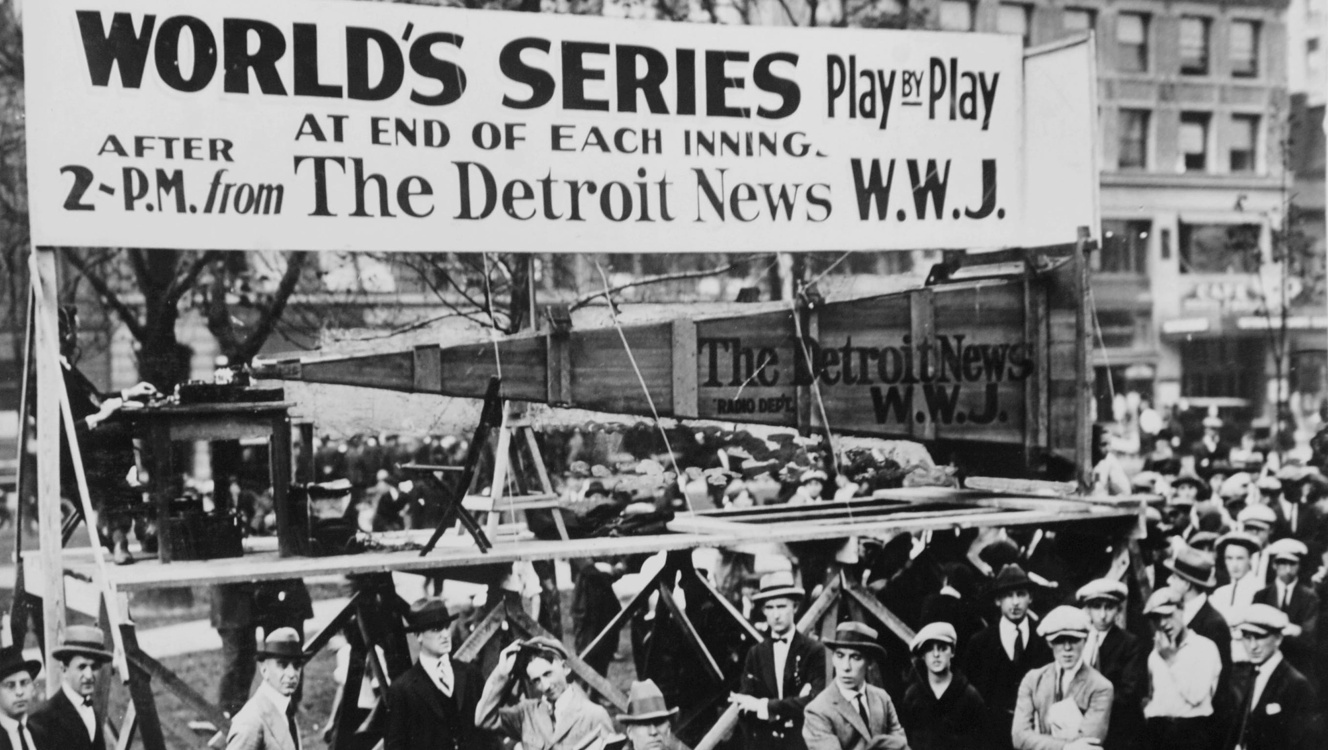 WWJ's first World Series broadcast was in 1922, when the New York Giants defeated the New York Yankees.  The play-by-play was recreated at the end of each inning and broadcast through a loudspeaker in Detroit's Grand Circus Park.