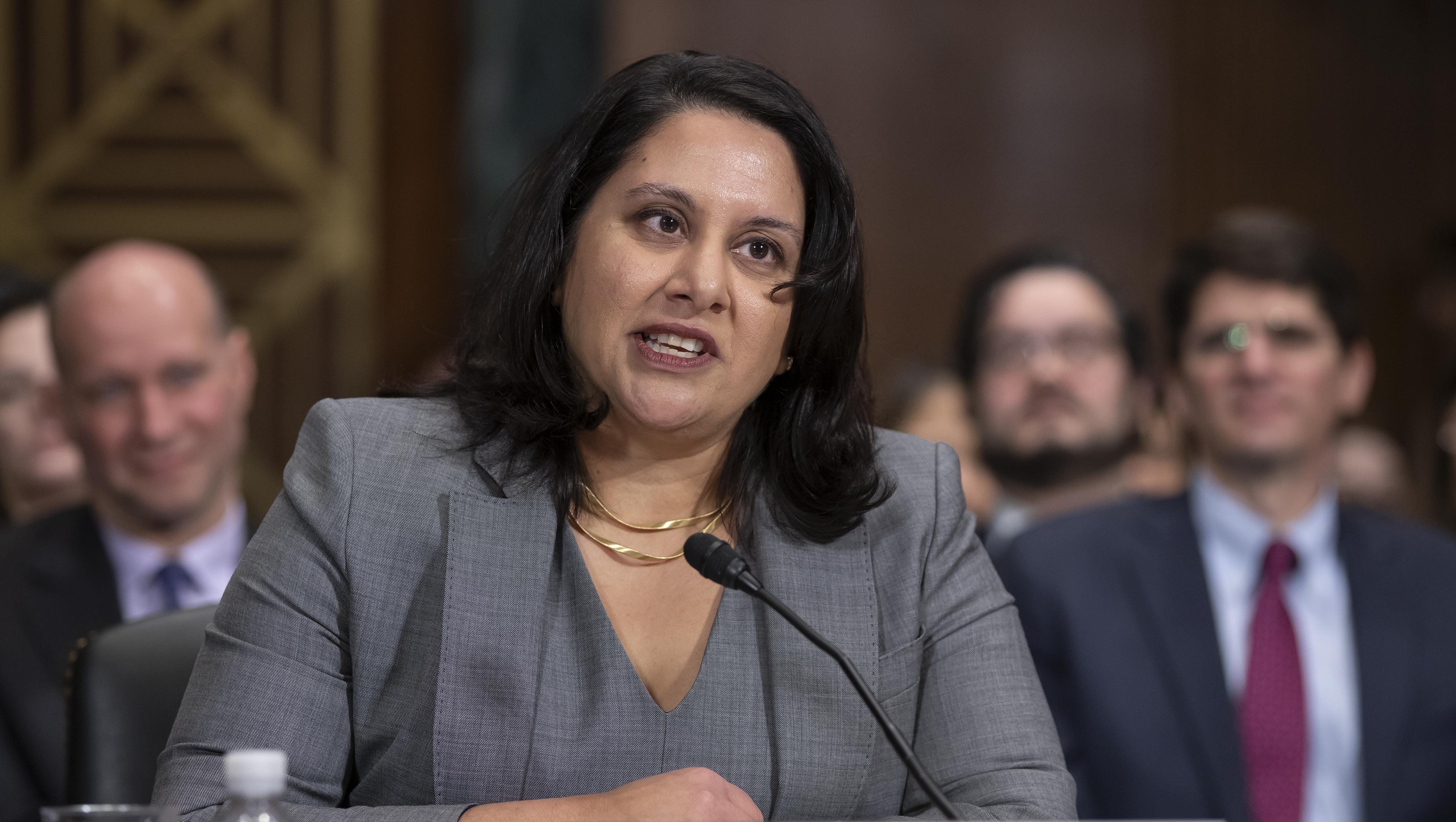 Neomi Rao, President Donald Trump's nominee for a seat on the D.C. Circuit Court of Appeals, appears before the Senate Judiciary Committee for her confirmation hearing, on Capitol Hill in Washington, Feb. 5, 2019.