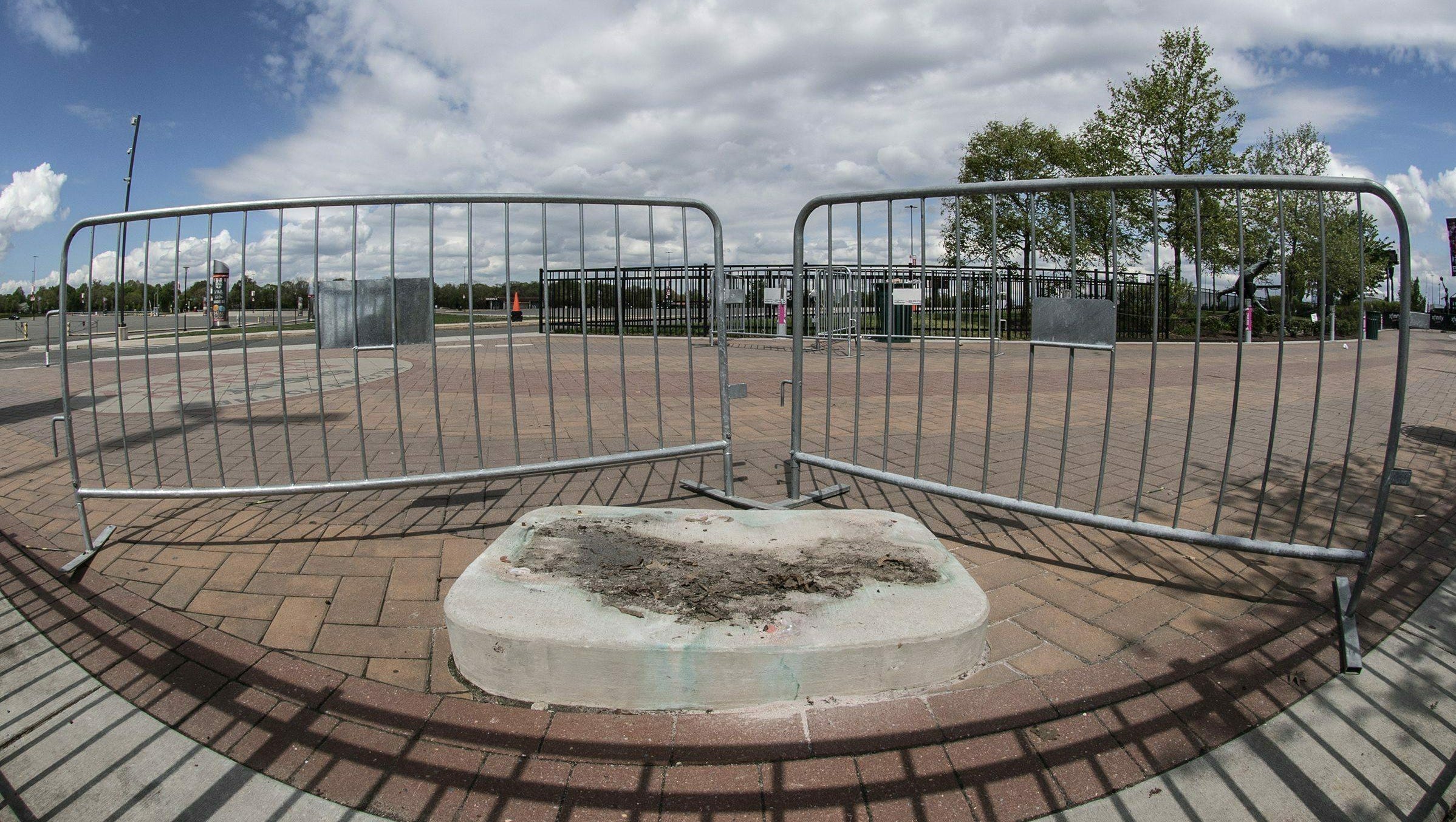 A concrete stand is all that’s left where the statue of Kate Smith was displayed at Xfinity Live near the sports stadium in South Philadelphia. Sunday, April 21, 2019. The Philadelphia Flyers have removed a statue of late singer Kate Smith outside NHL team's arena.