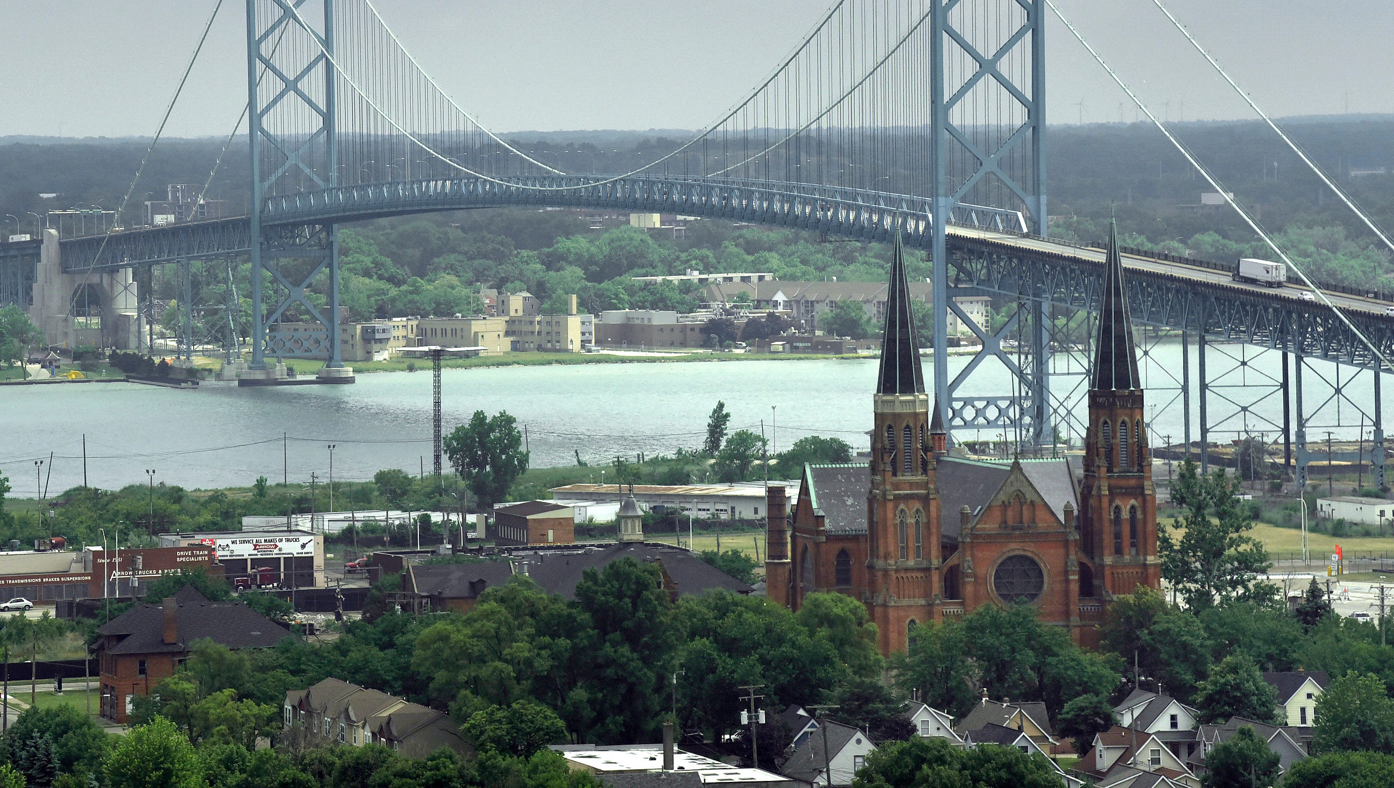 The Ambassador Bridge is seen from the 13th floor of the train station.