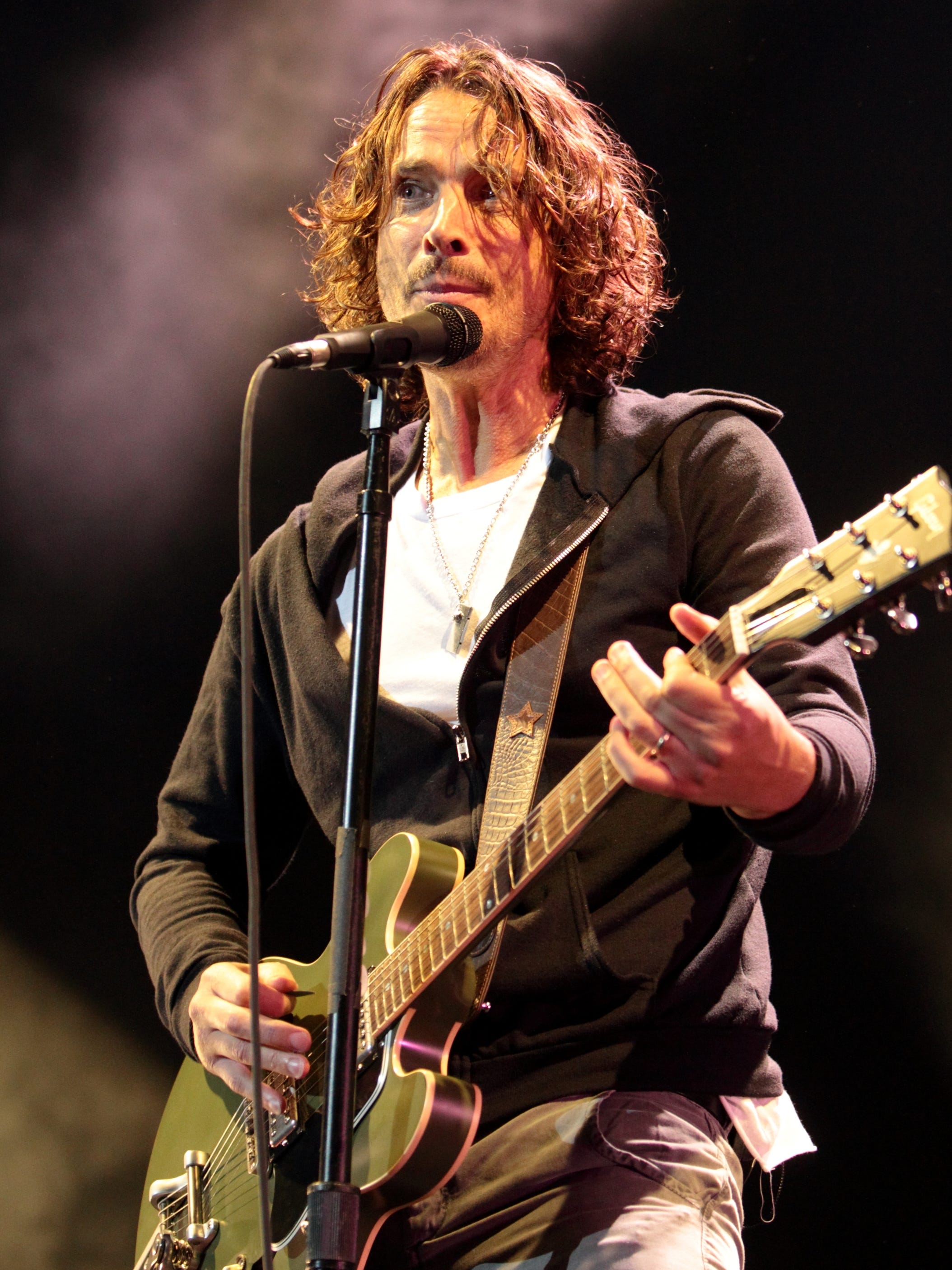 A May 8, 2013, photo shows Chris Cornell performing with Soundgarden at the Susquehanna Bank Center in Camden, N.J.