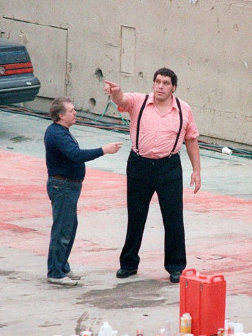 Andre the Giant checks out the Silverdome facilities before the main event.