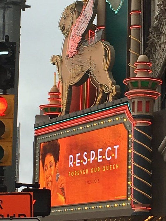 The marquee at the Fox Theater in Detroit honors Aretha Franklin.